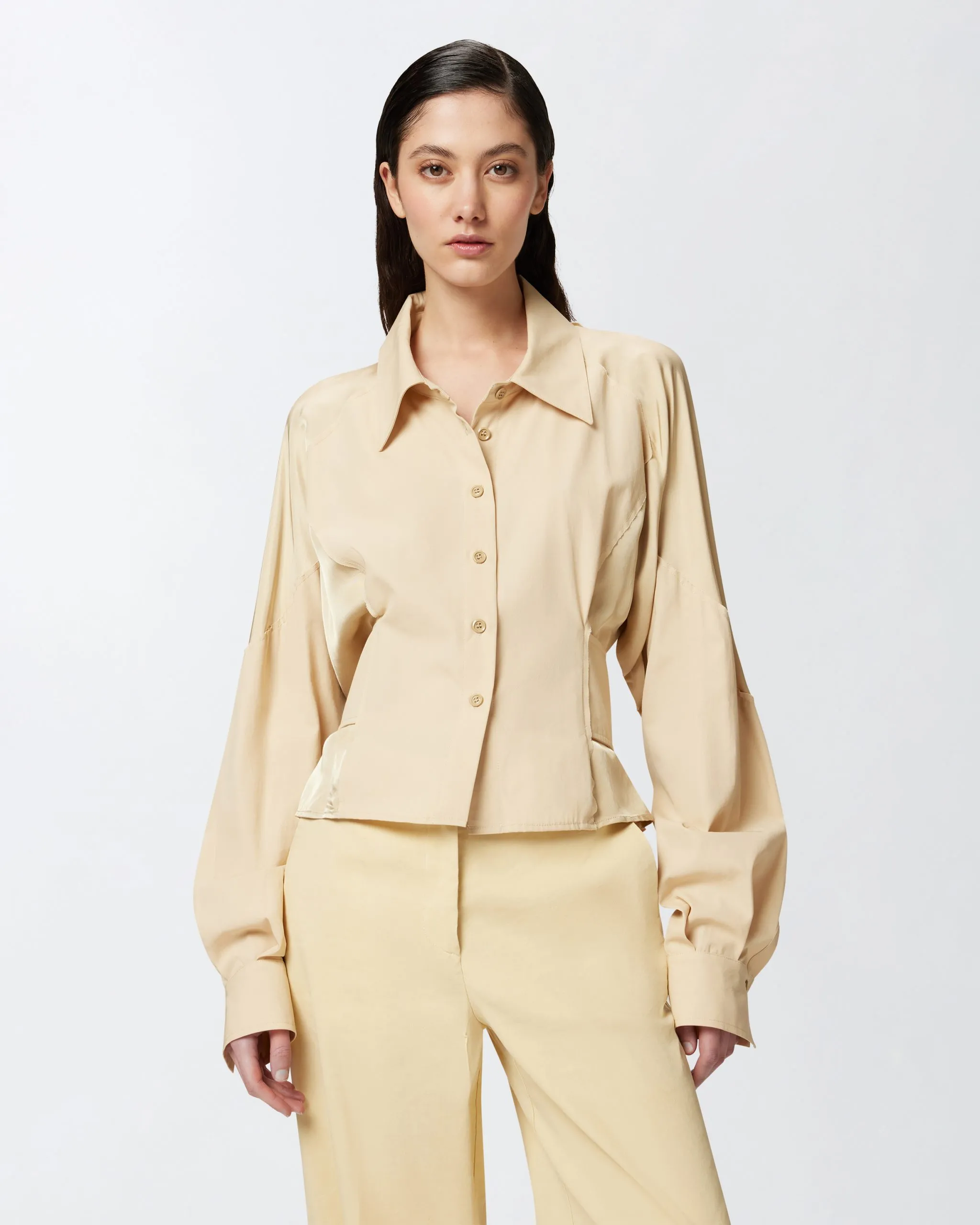 Chemise ceinturée en habotai et coton Marron