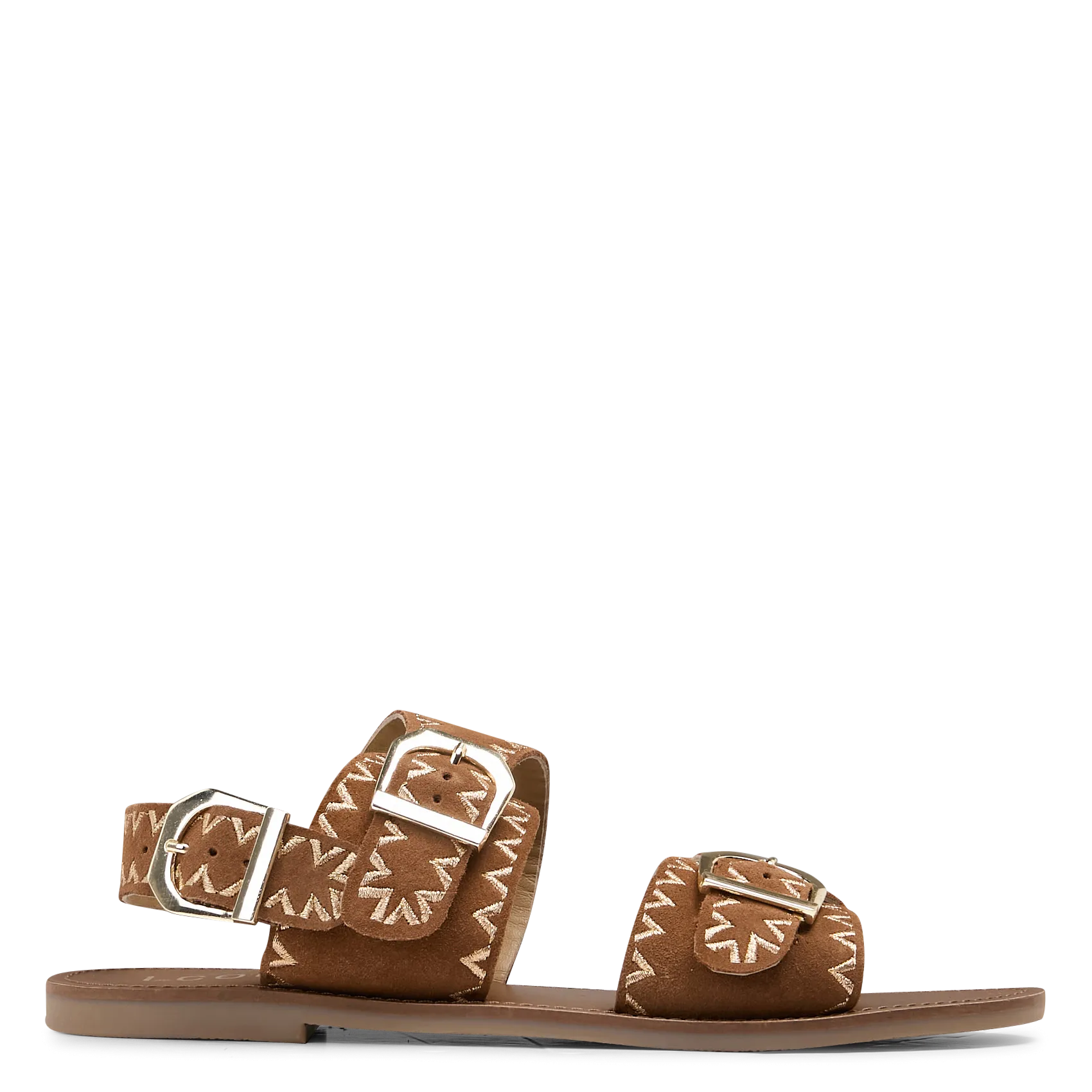 Sandales plates en cuir velours brodé Marron