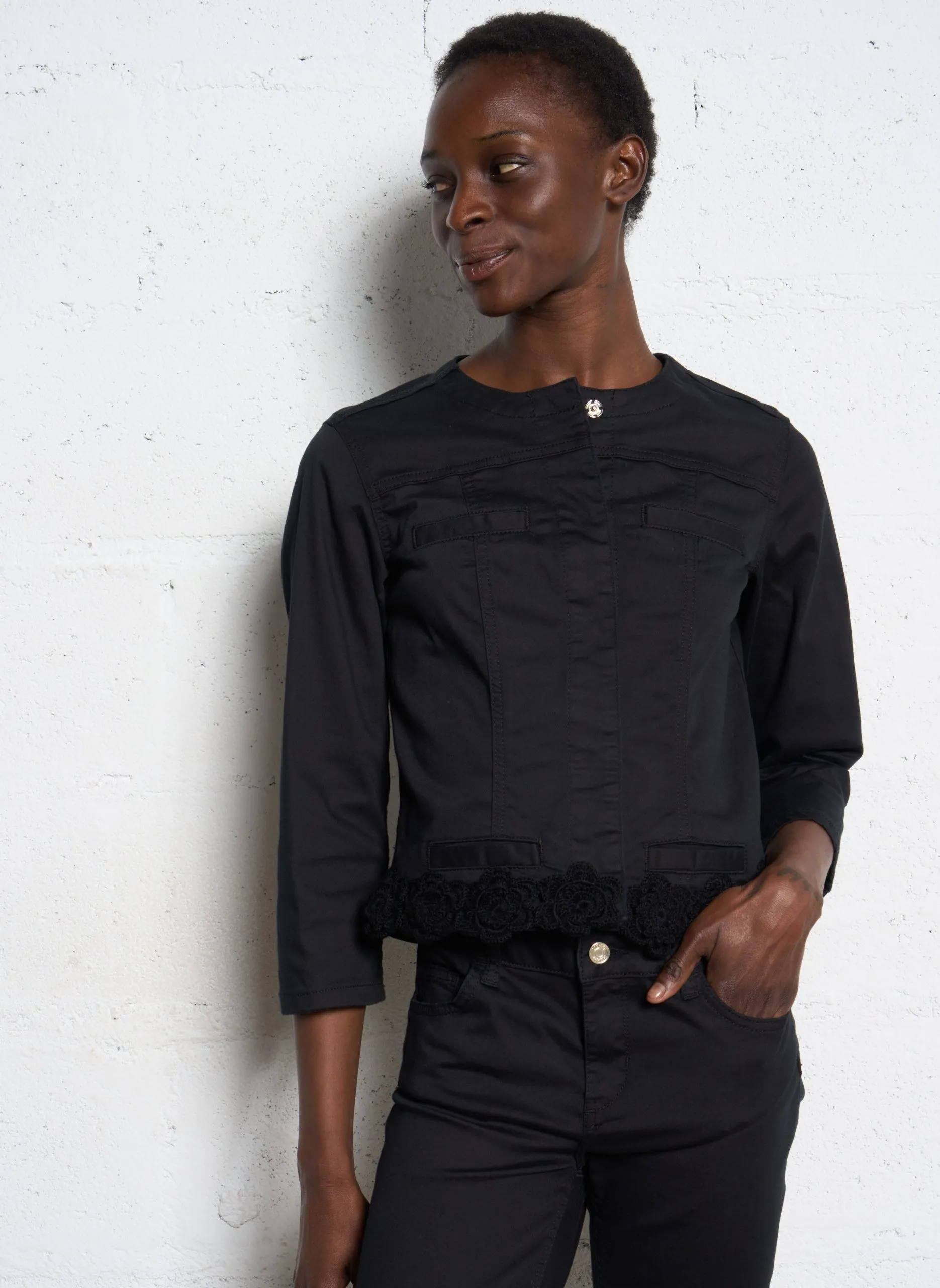 Veste col rond en coton mélangé Noir