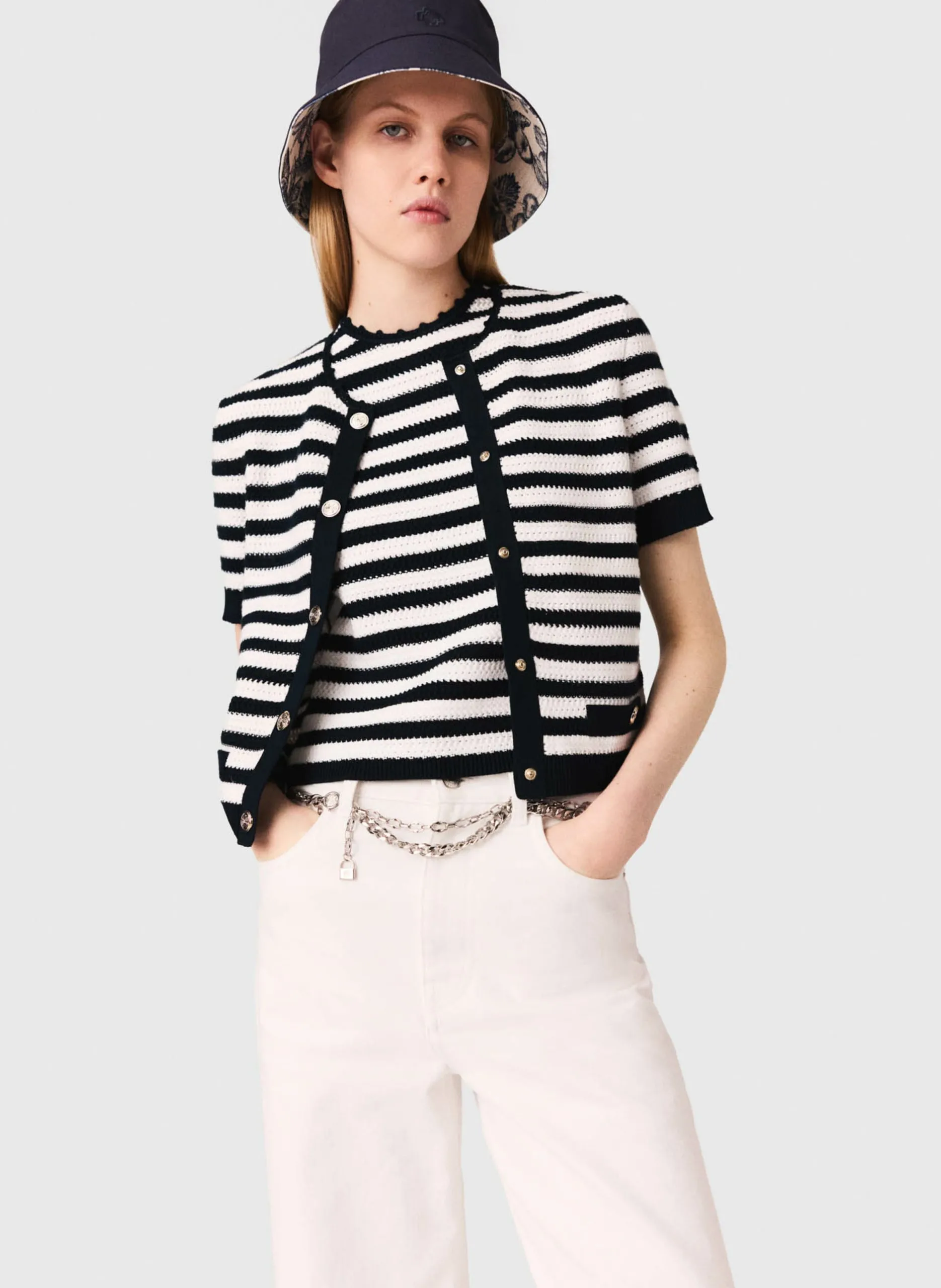 Cardigan boutonné à rayures Blanc