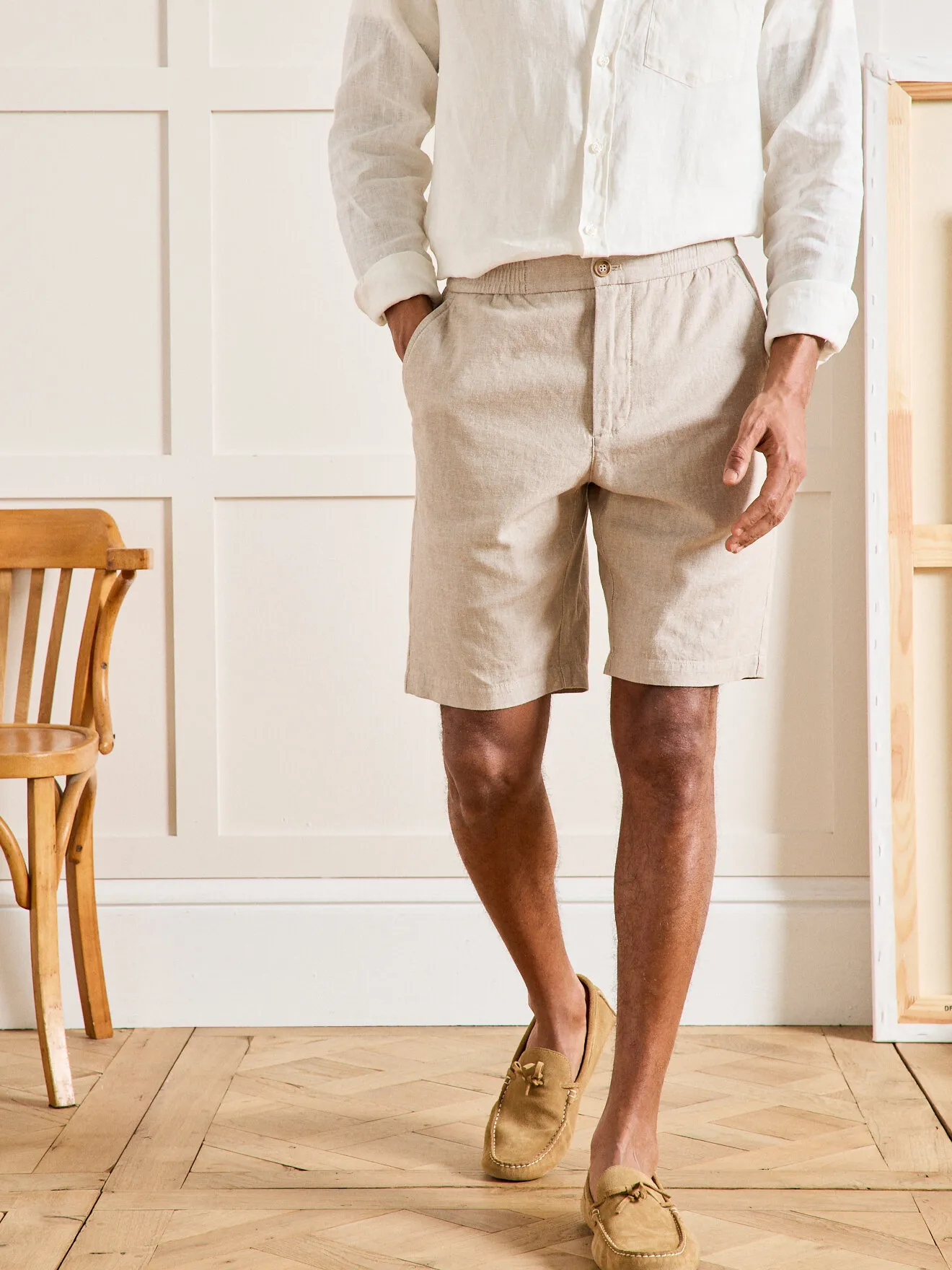 Bermuda coton lin stretch taille élastiquée Beige