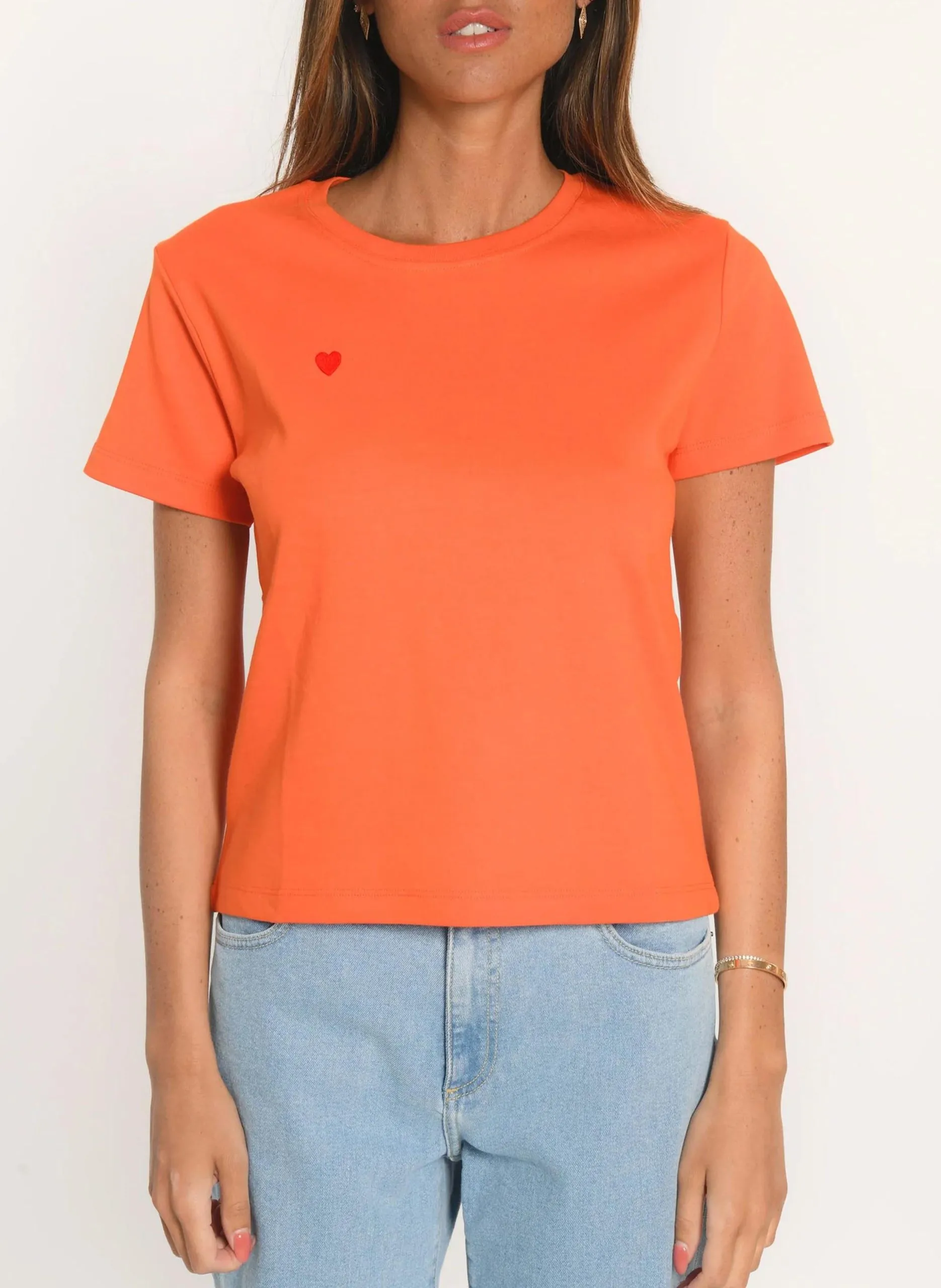 Tee-shirt droit col rond brodé en coton Orange