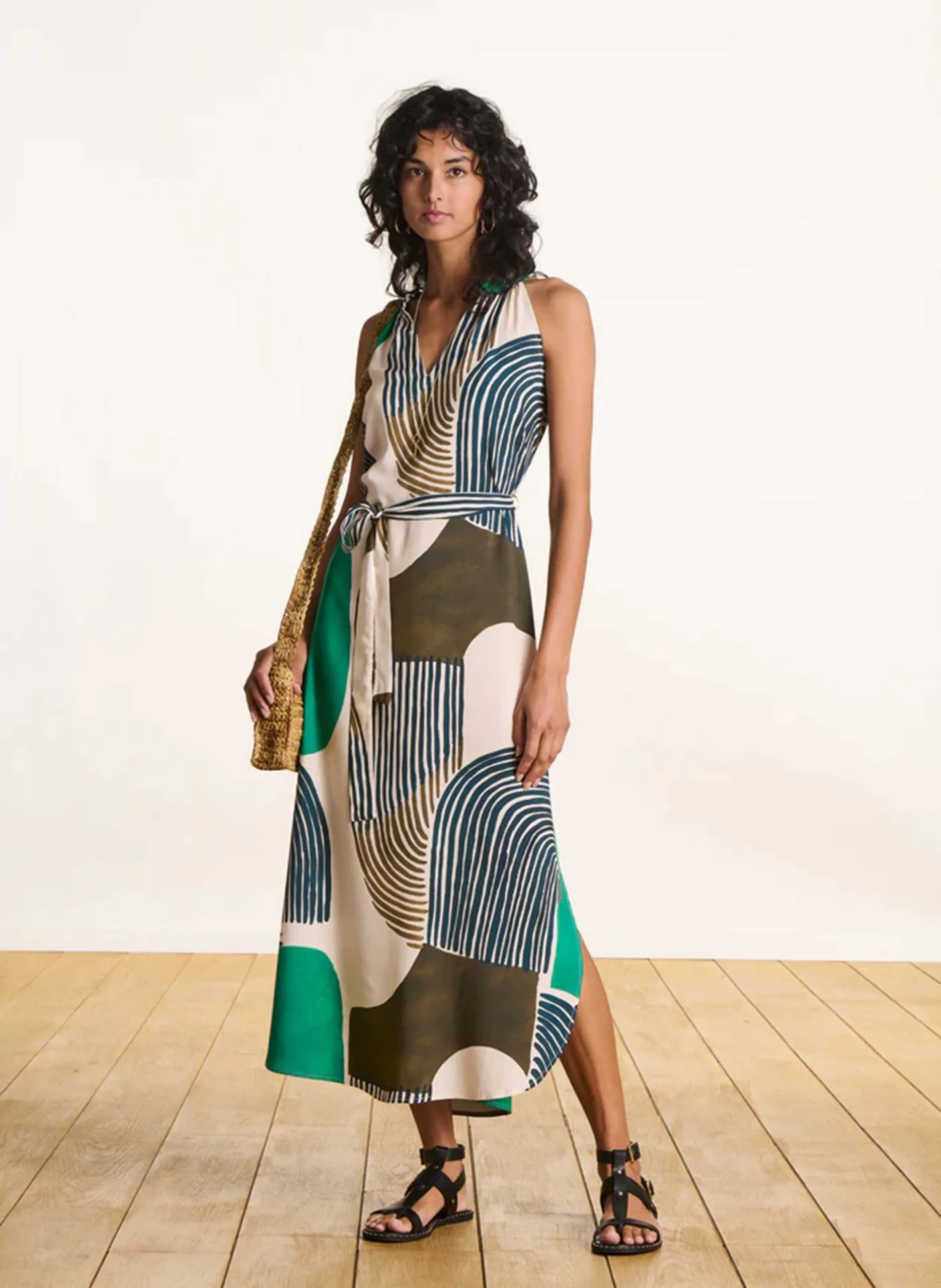 Robe longue col v imprimée Vert