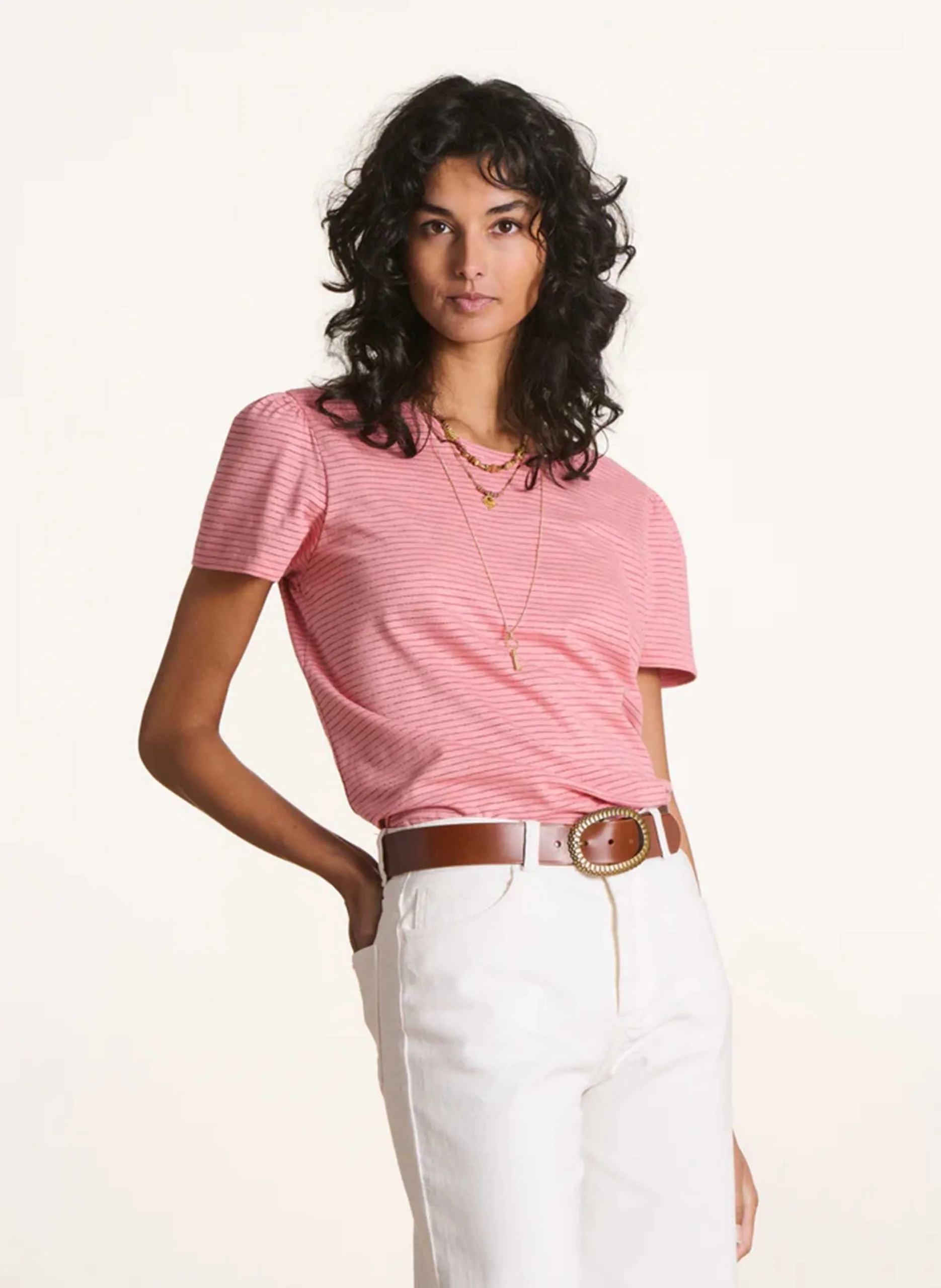 Tee-shirt droit en coton mélangé rayé Rose