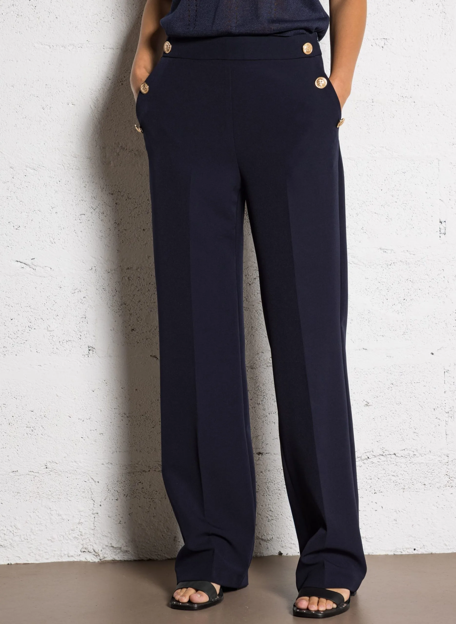 Pantalon taille haute uni à boutons bijoux Bleu PALERNA