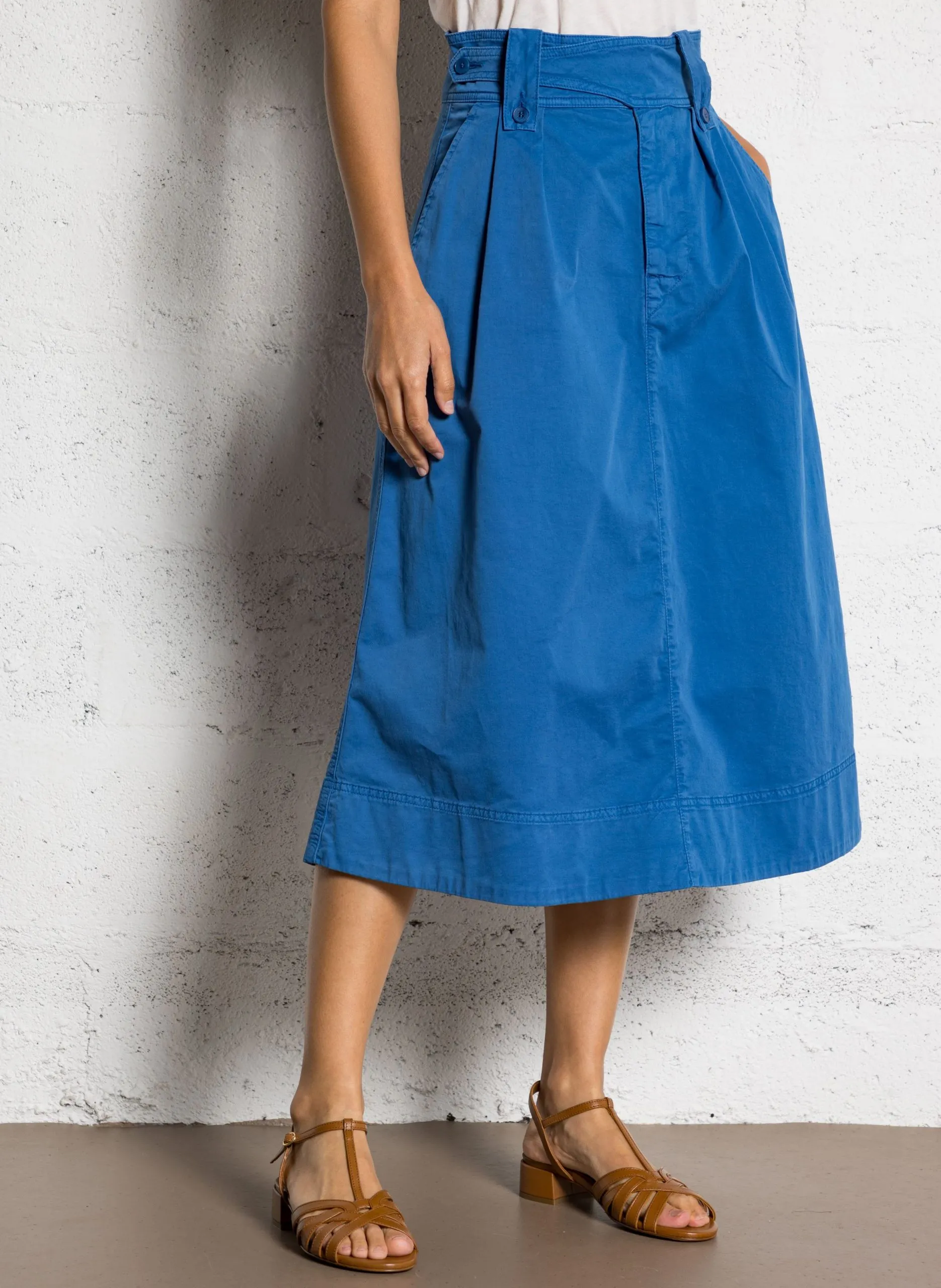 Jupe midi évasée en coton mélangé Bleu KLEA