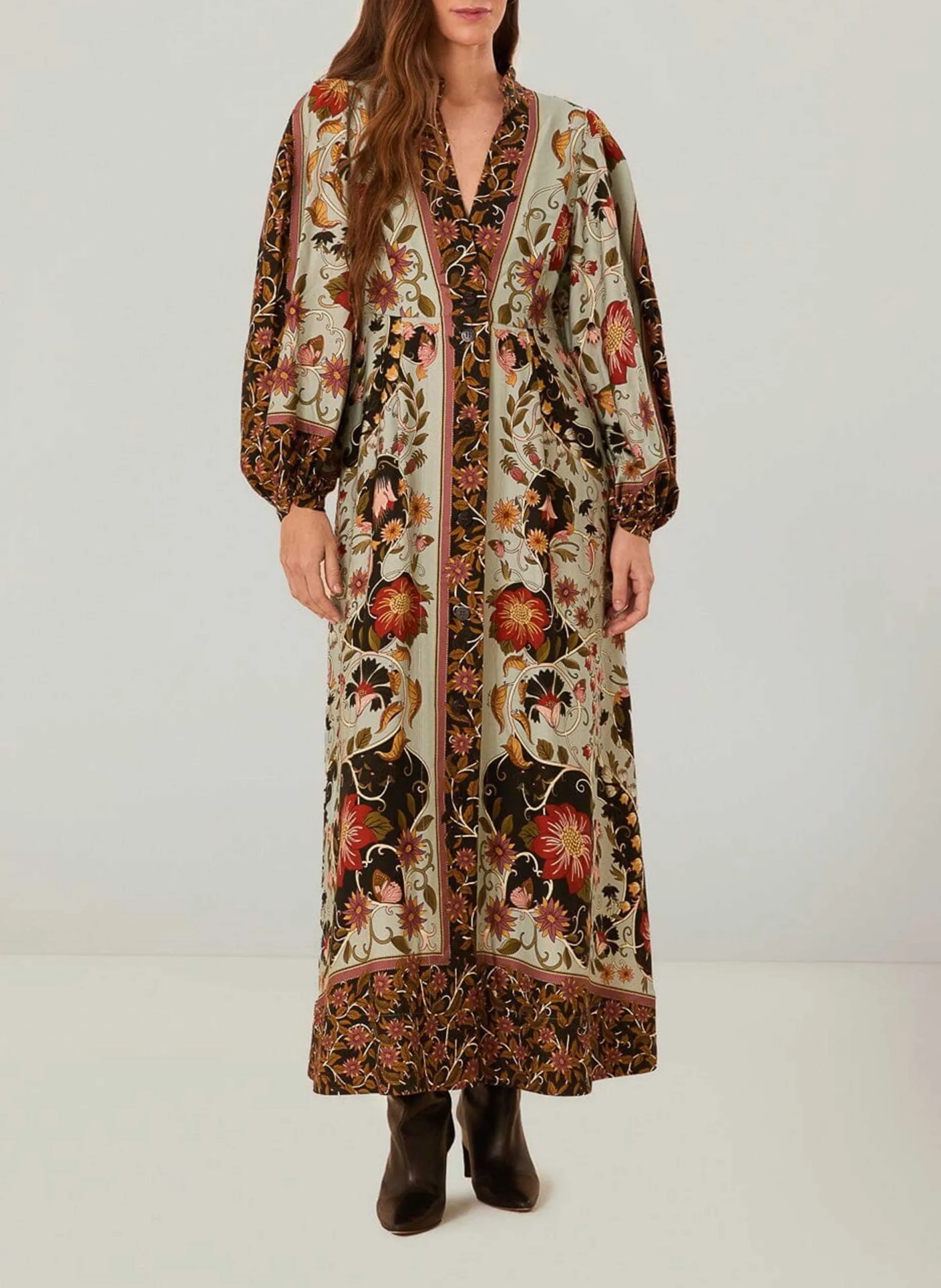 Robe longue col tunisien imprimé Bleu