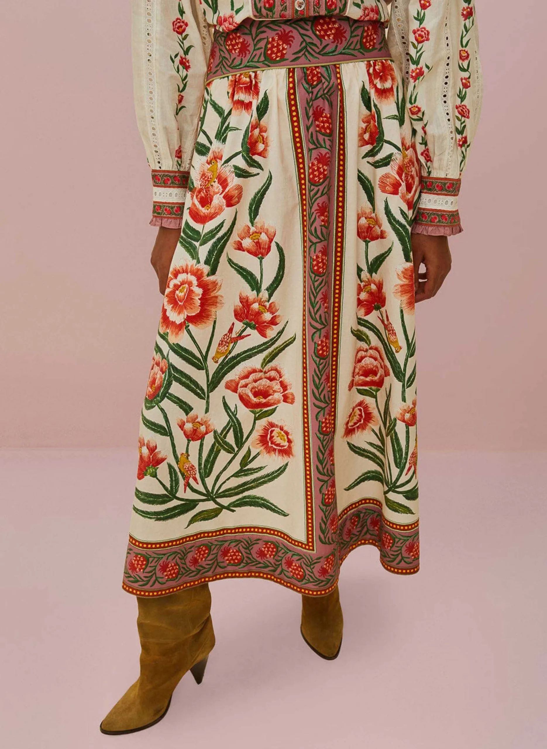 Jupe midi imprimée en coton Beige