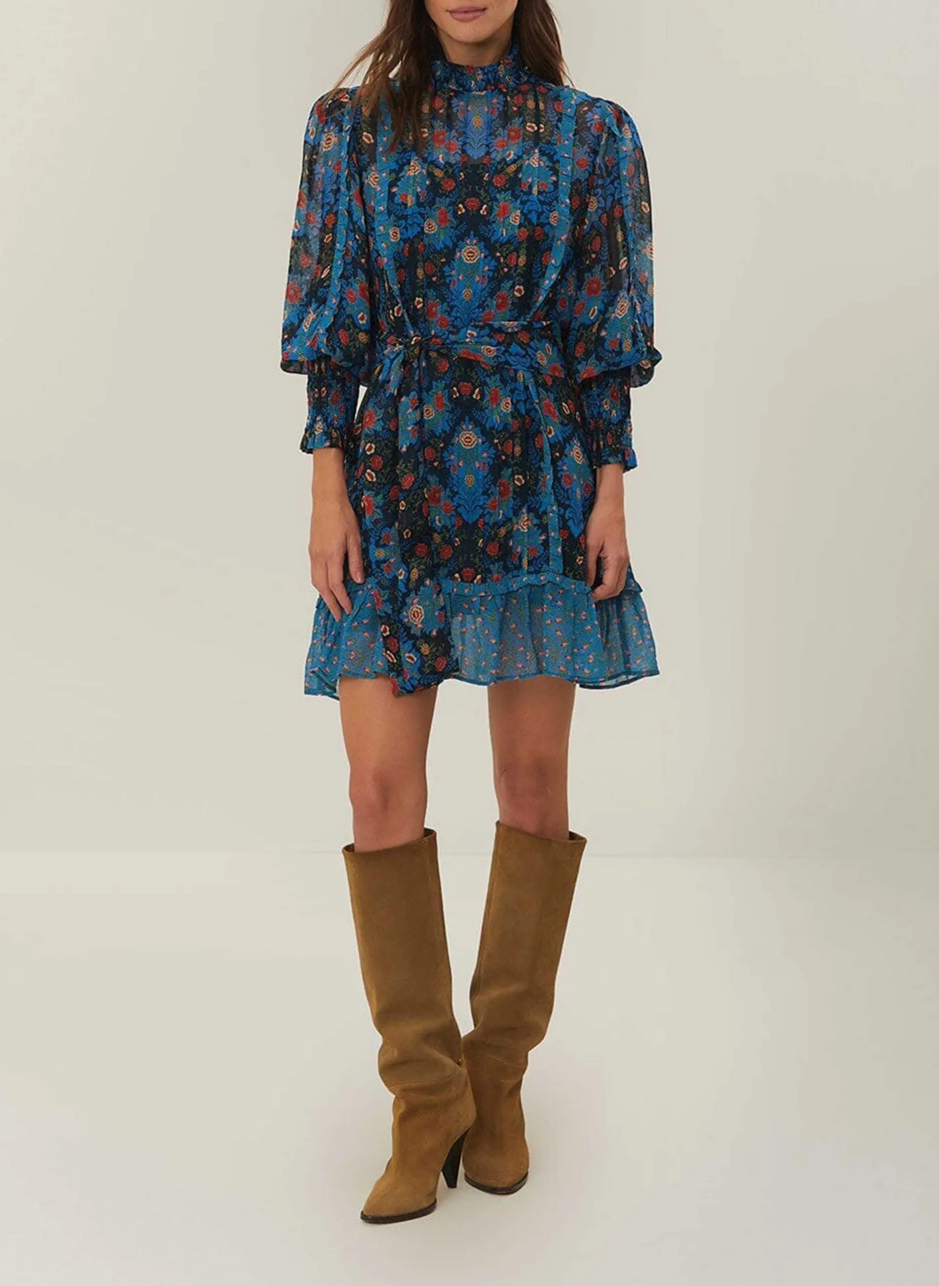 Robe courte col rond à imprimé fleuri Bleu