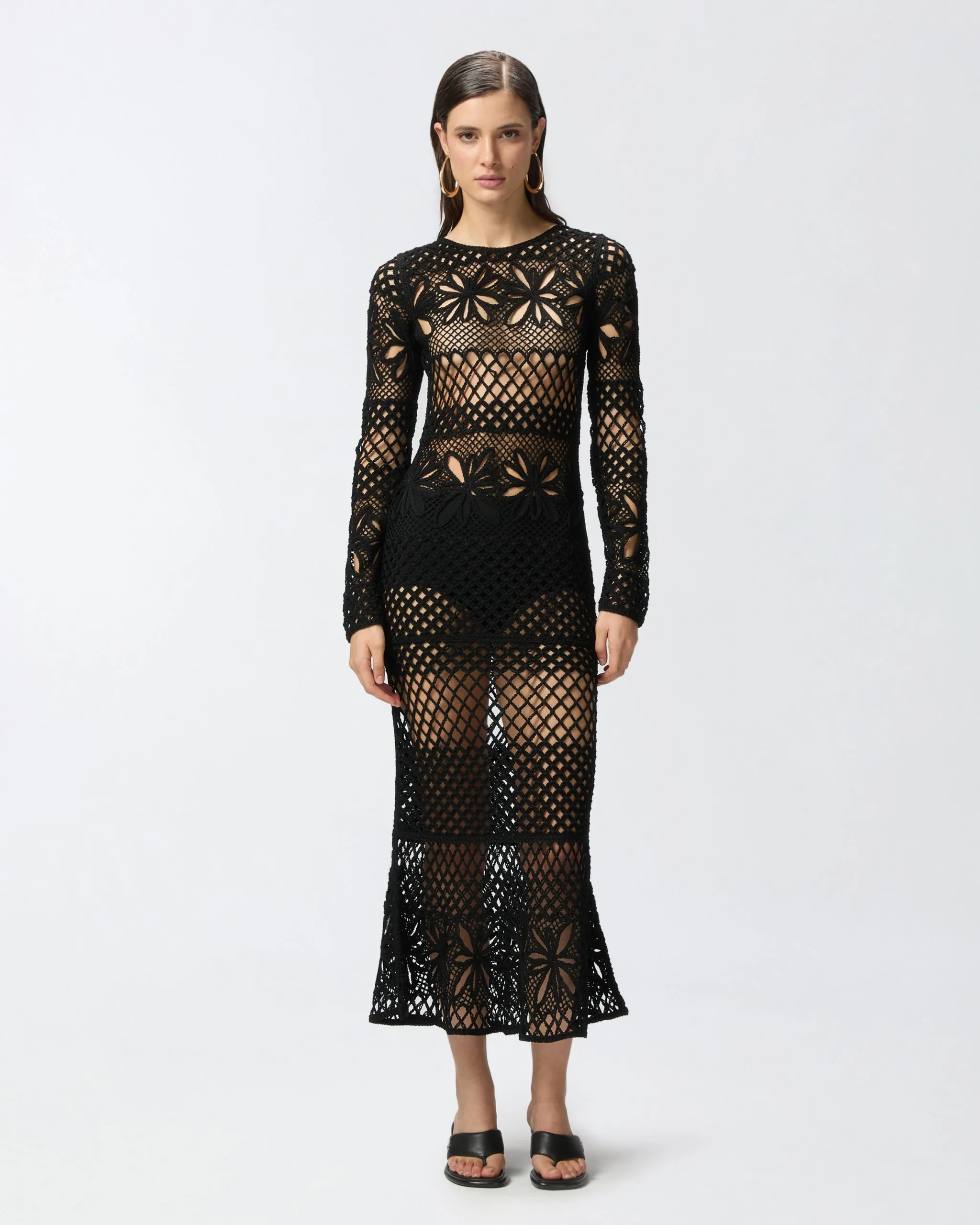 Robe longue en crochet ajouré Noir