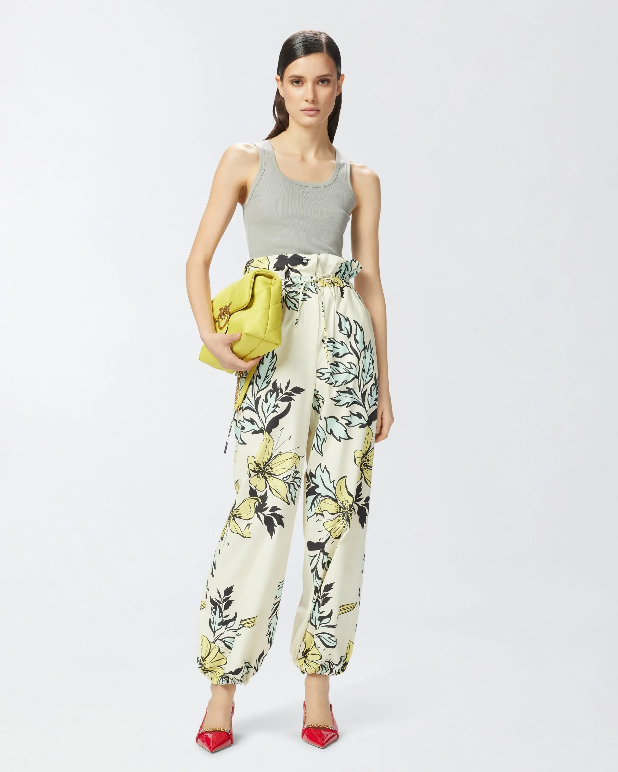 Pantalon ample à fleurs et taille haute Multicolore