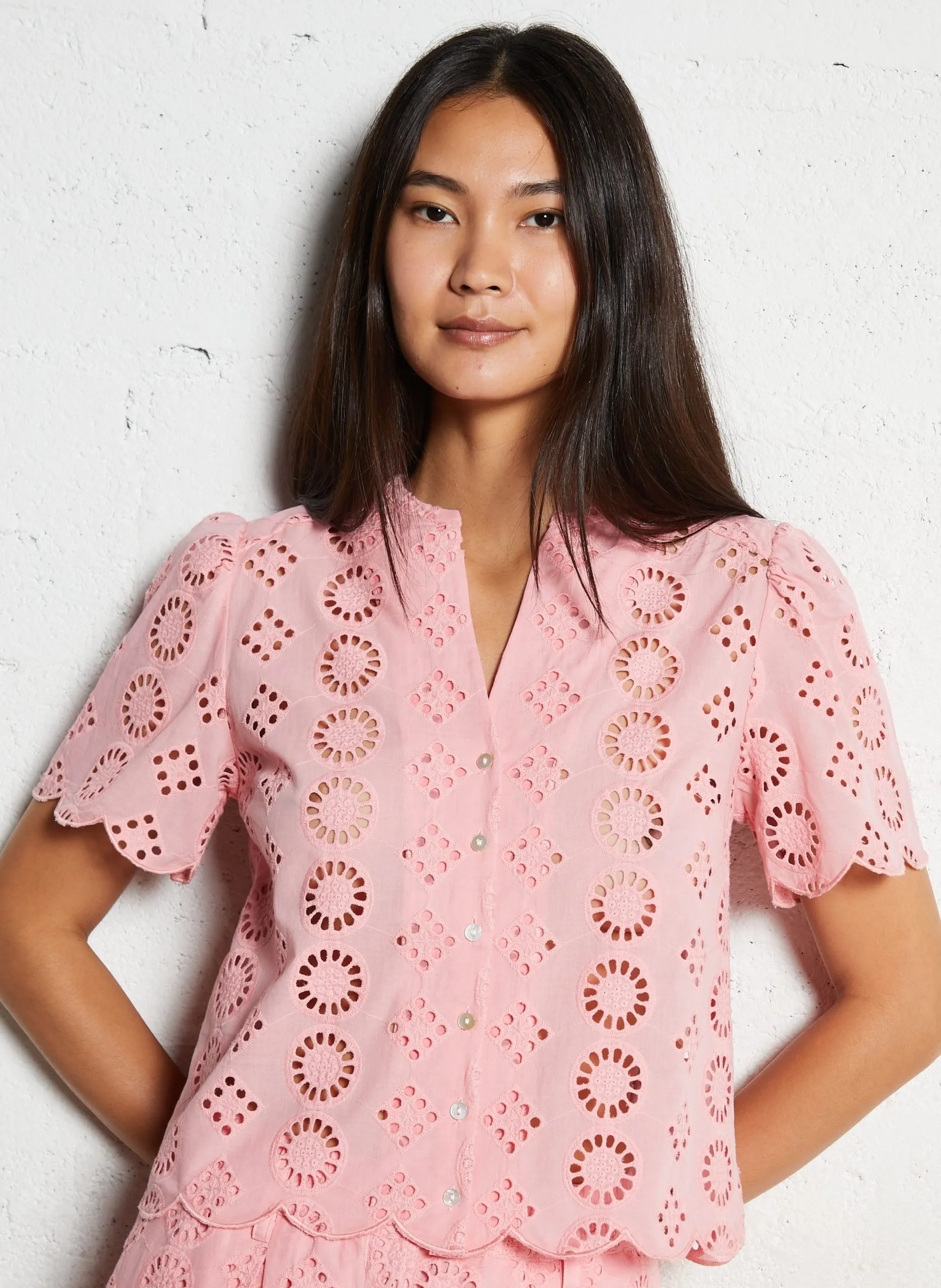 Blouse col v en coton Rose BANJO