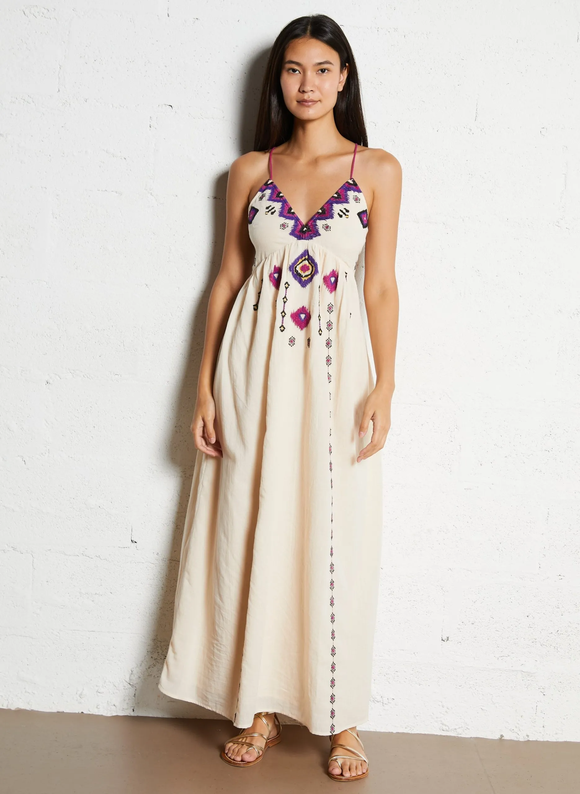 Robe longue col V en coton bio Beige POEME