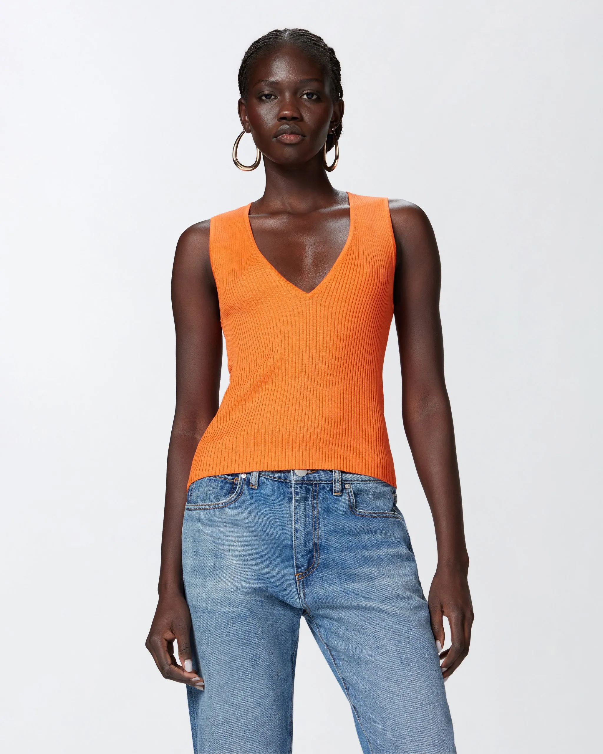 Top sans manches en mélange de soie côtelée Orange