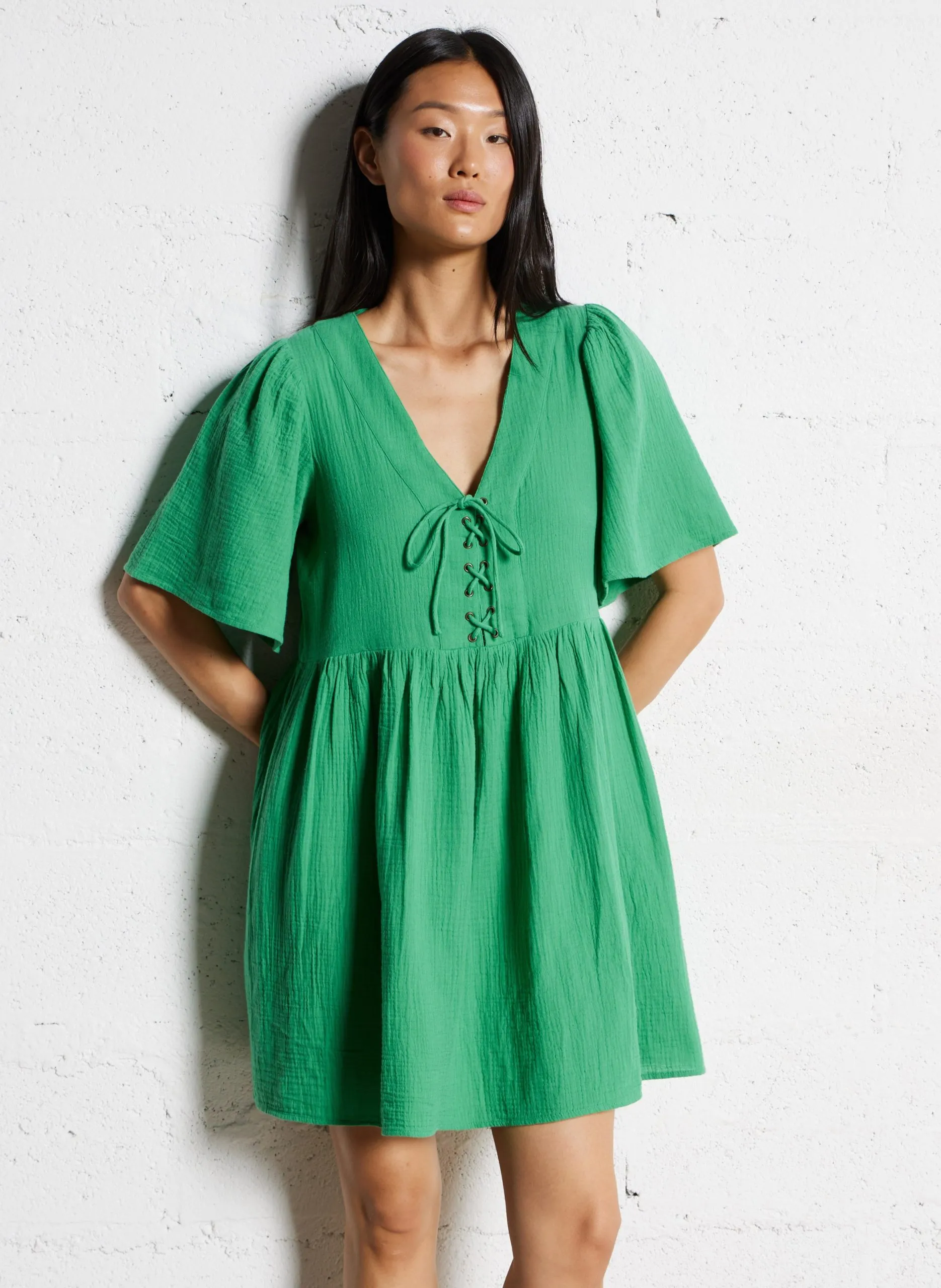 Robe courte ample en gaze de coton Vert GARDNER