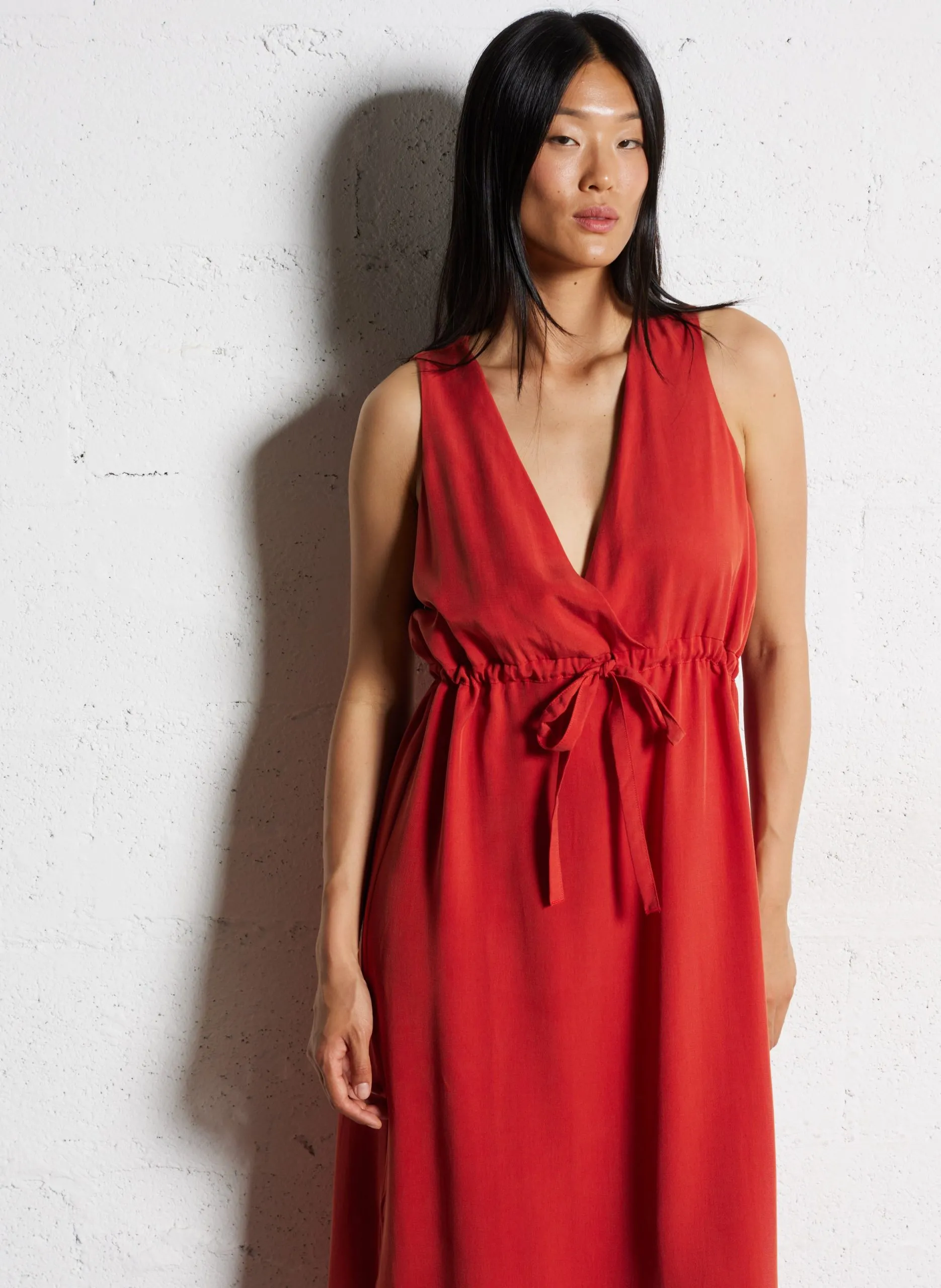 Robe longue col v Rouge RABETY