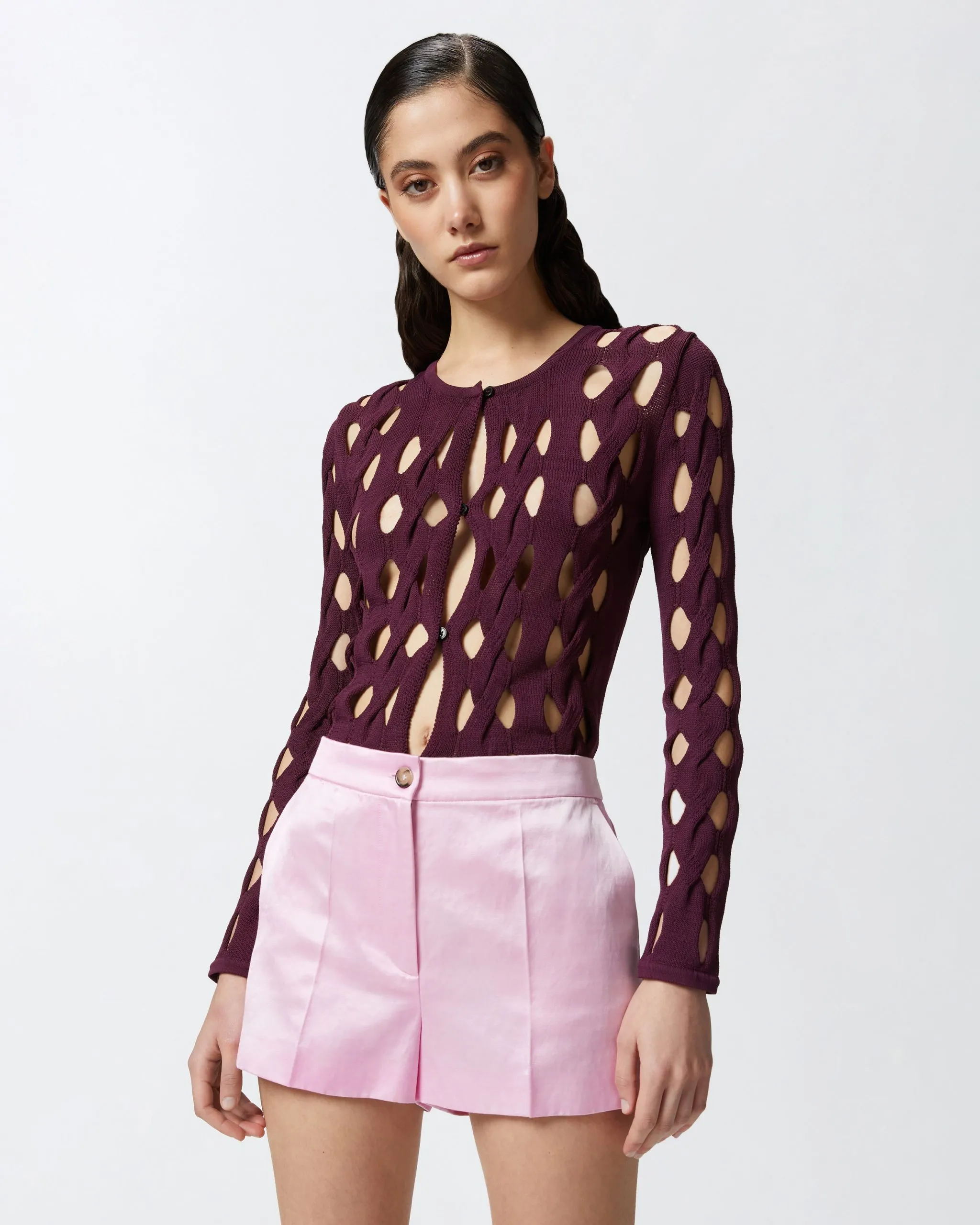 Cardigan court en maille ajourée Rouge