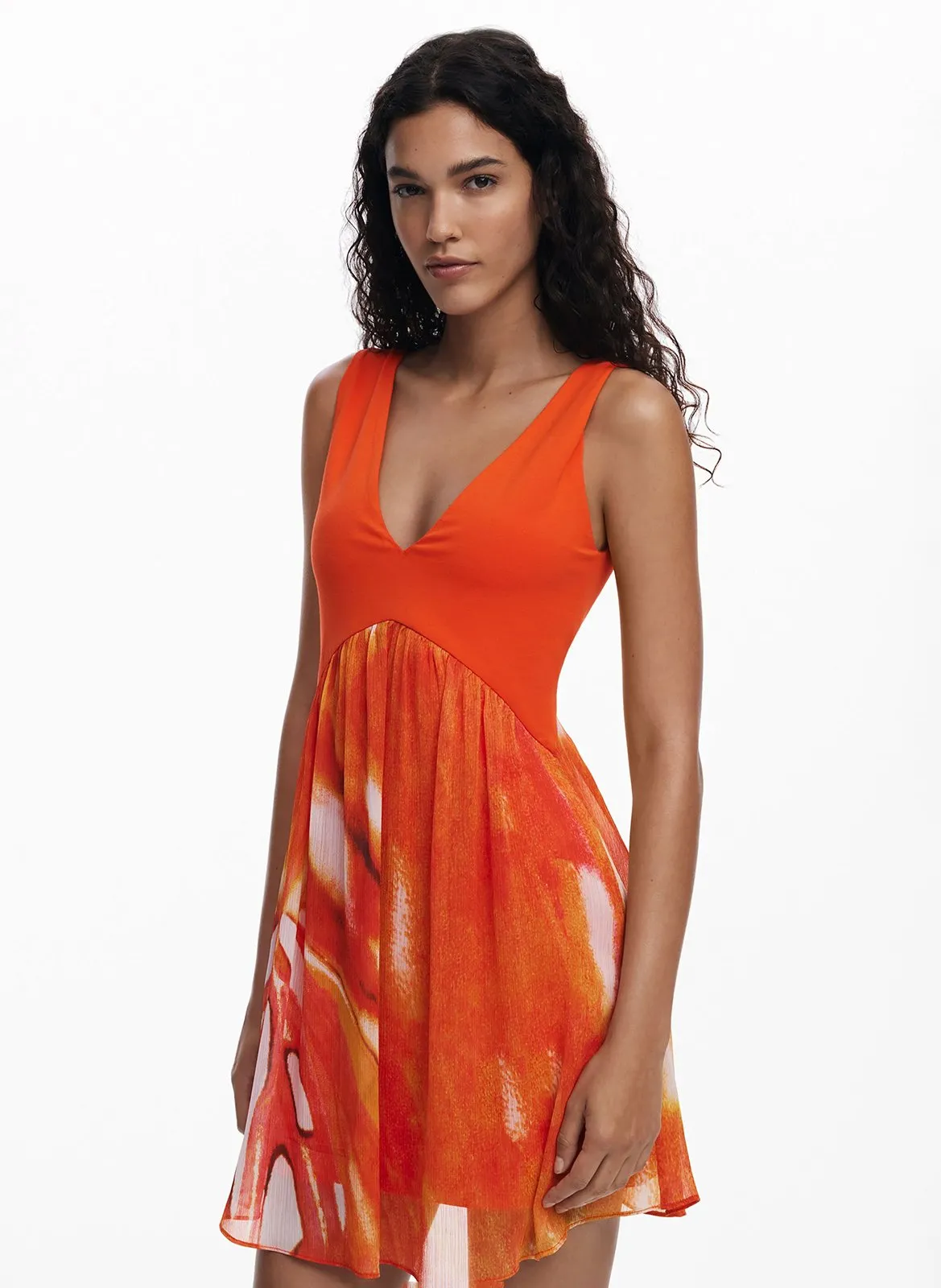 Robe courte col V imprimée Orange