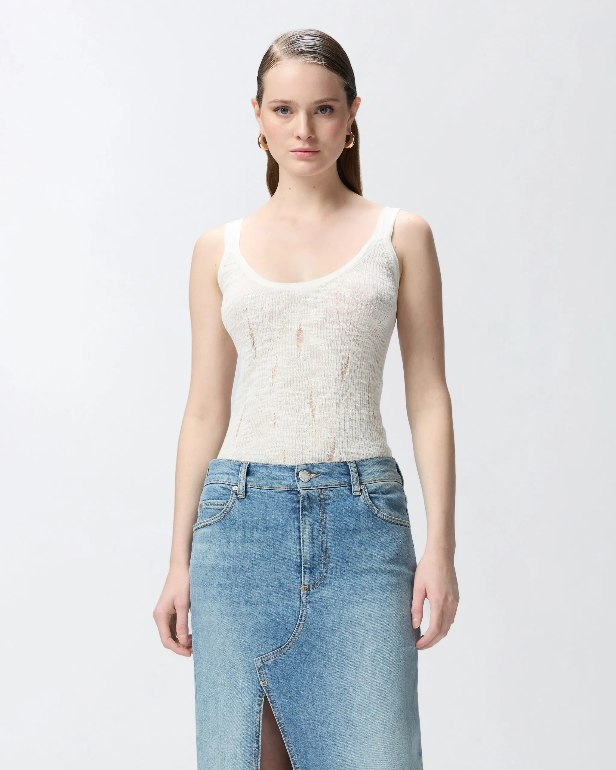 Débardeur côtelé léger déchiré Blanc