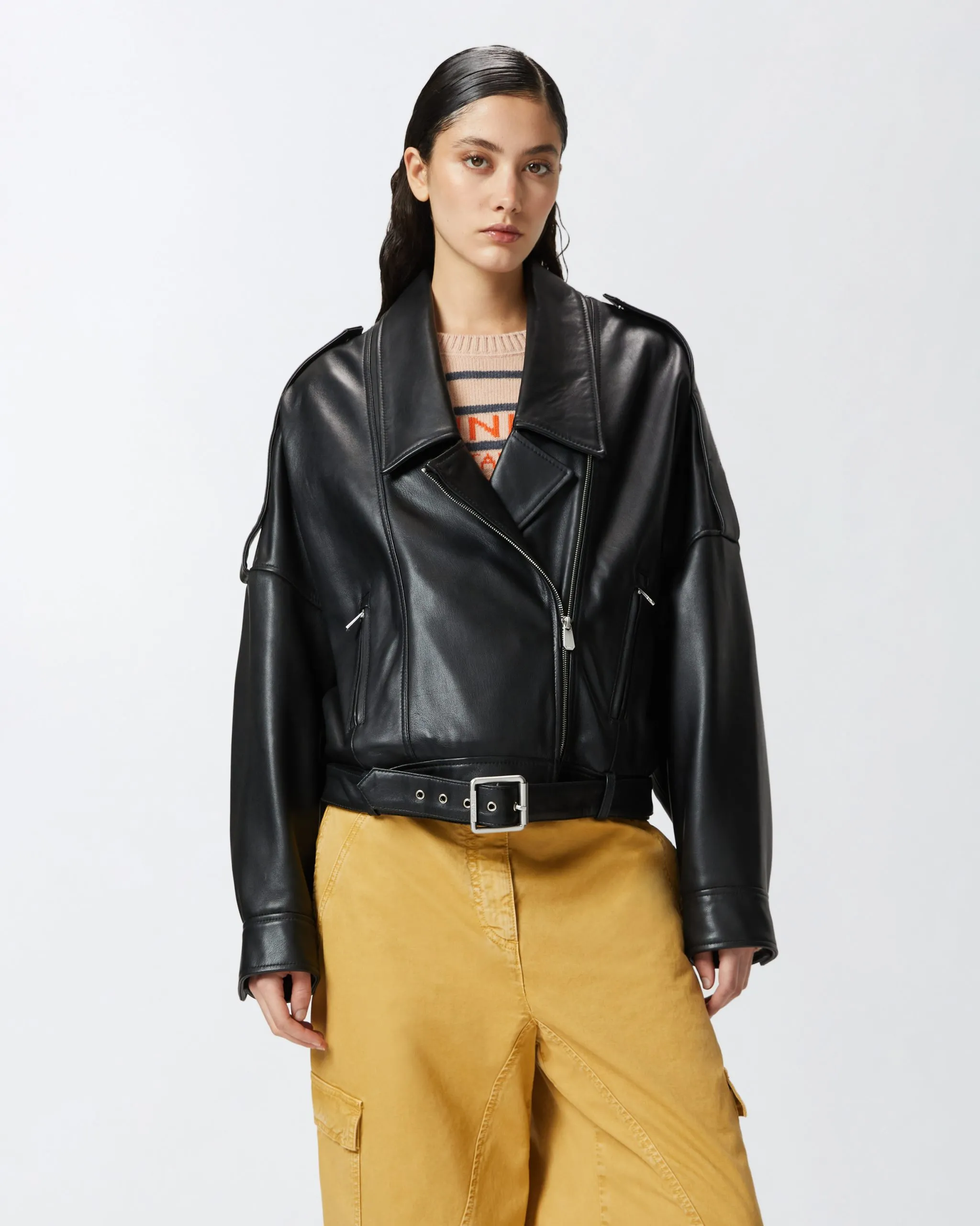 Blouson de motard ceinturé en cuir nappa Noir