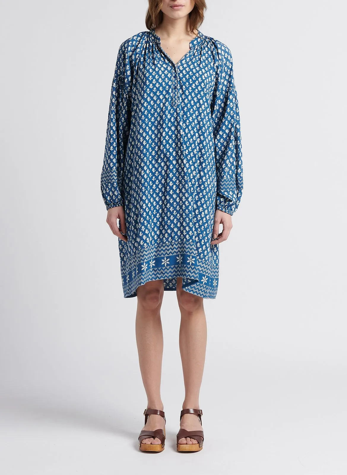 Robe courte col tunisien imprimée Bleu NATALIA