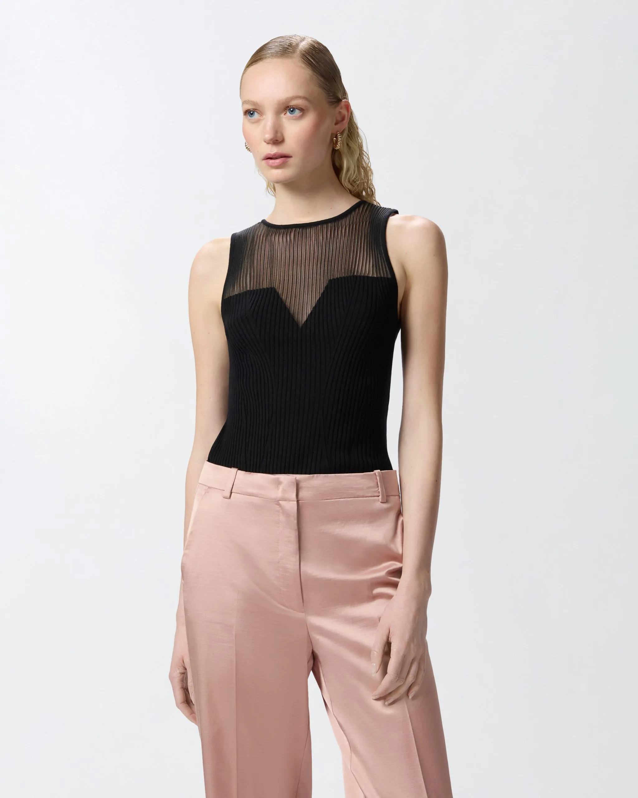 Top côtelé sans manches en soie et cachemire Noir