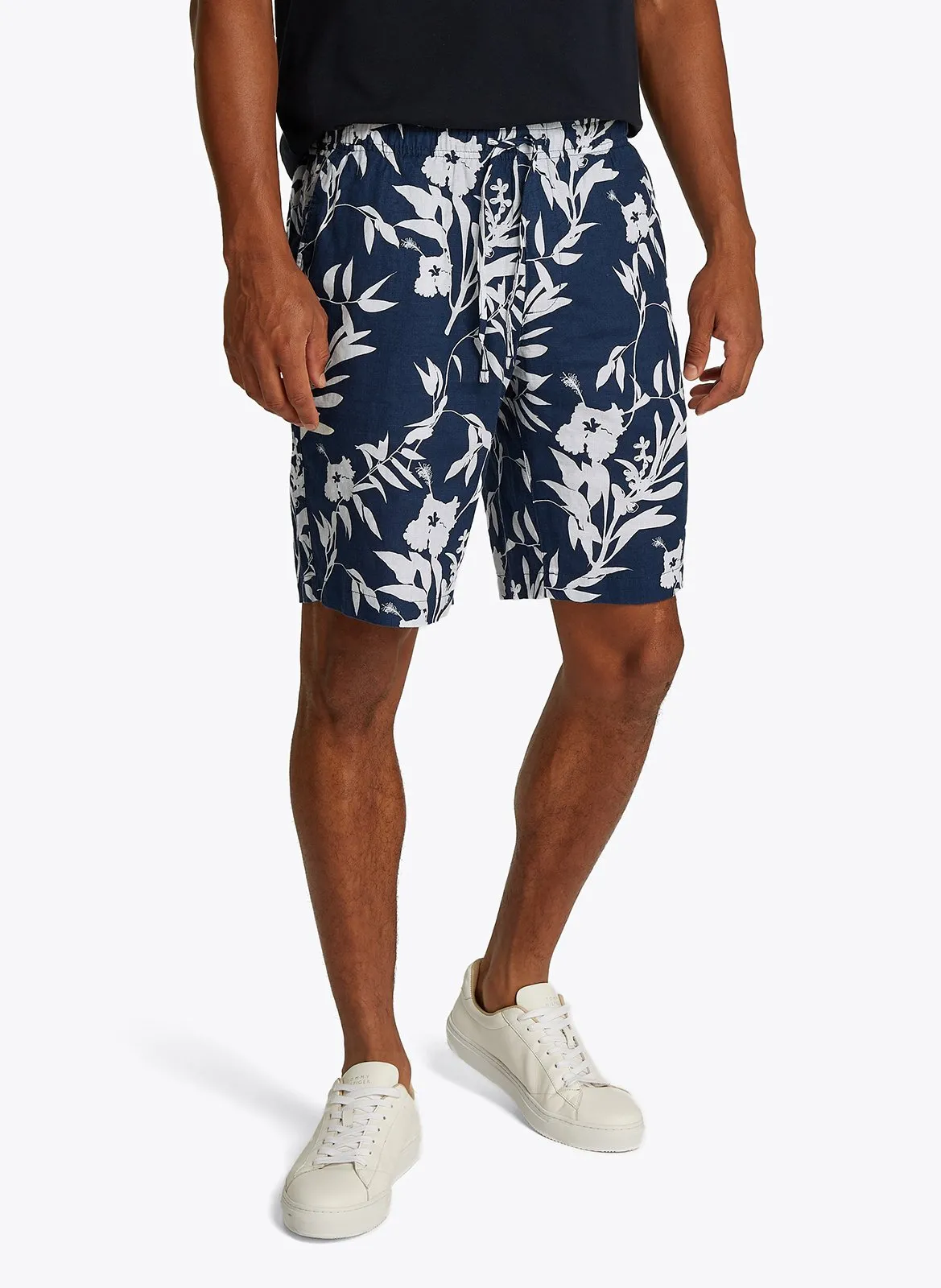 Short droit en lin imprimé Bleu