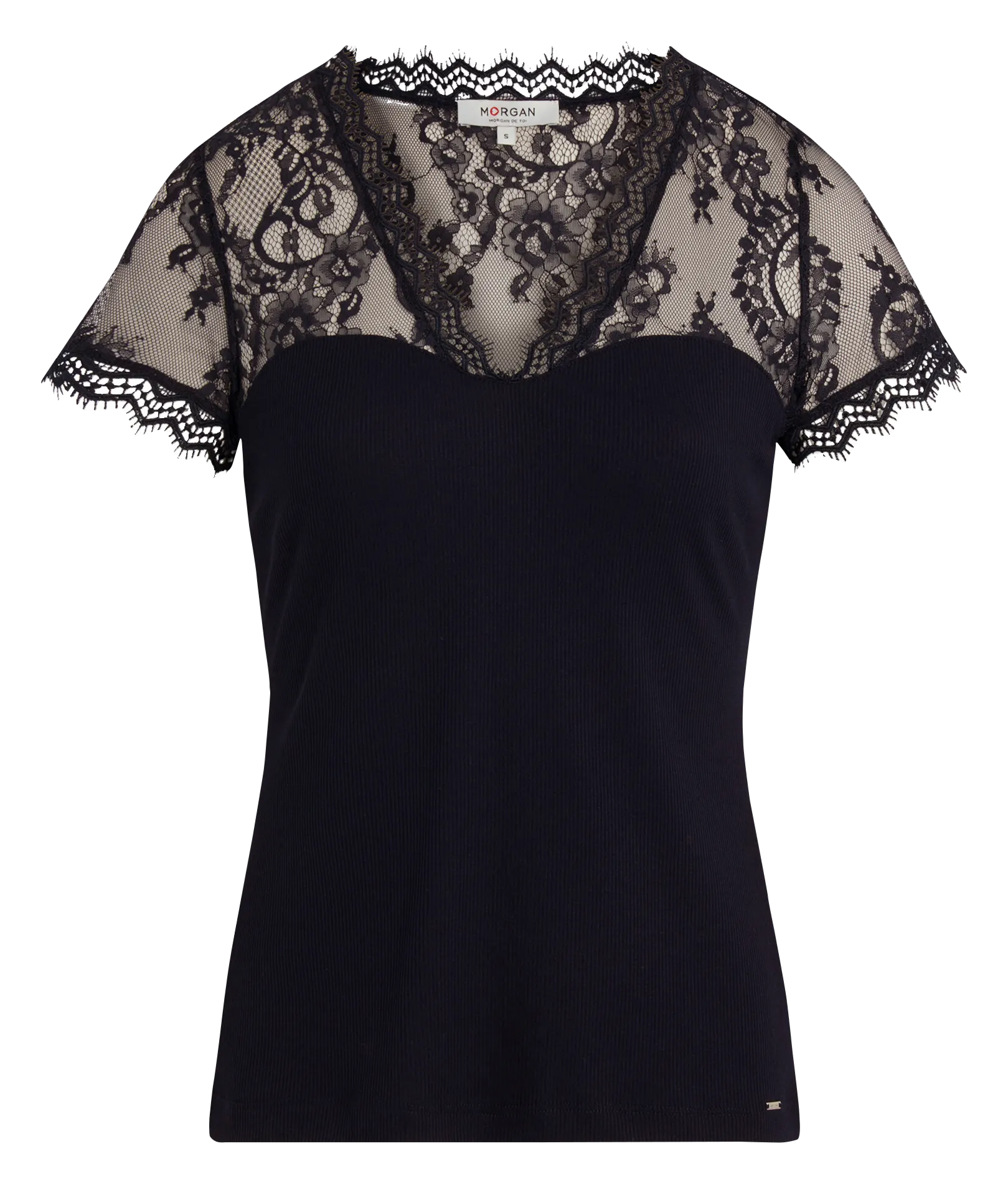 Tee-shirt col V à dentelle Noir 232-DLAMI