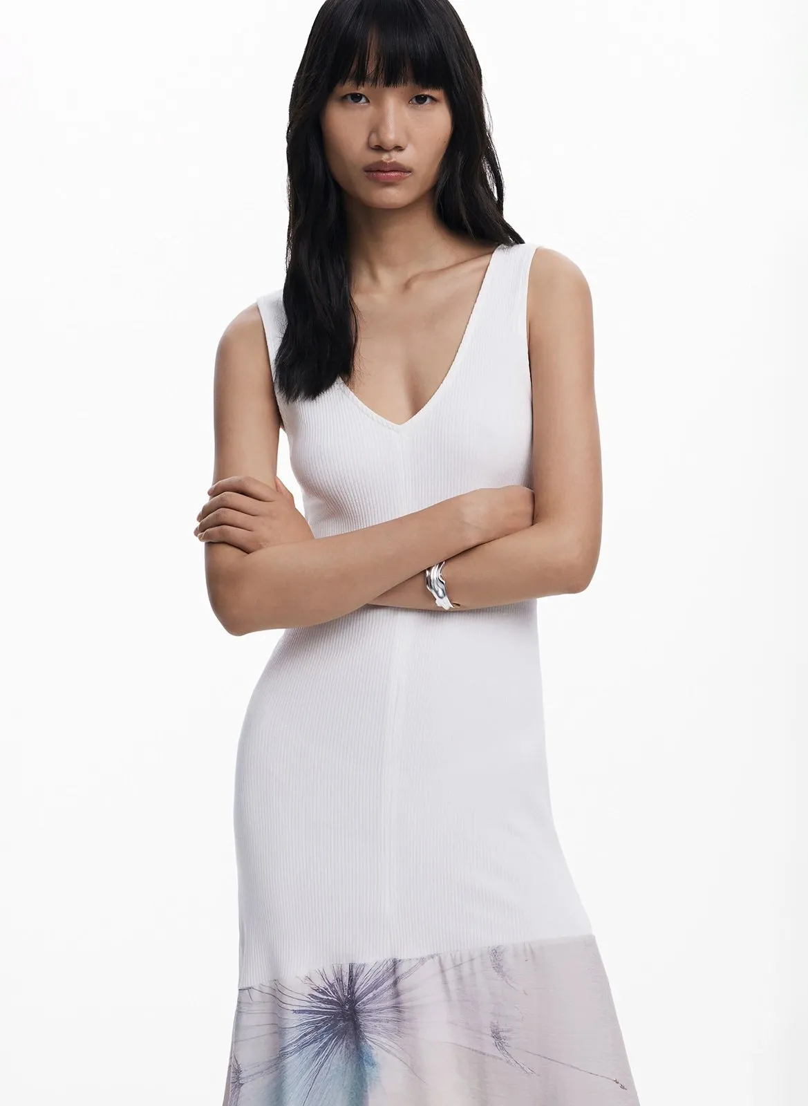Robe midi col V en coton mélangé Blanc