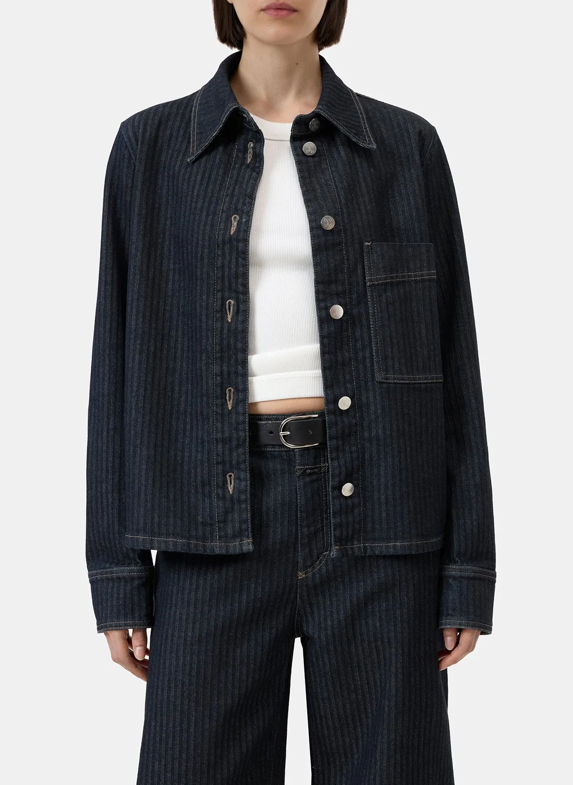 Veste droite en coton mélangé rayé Bleu