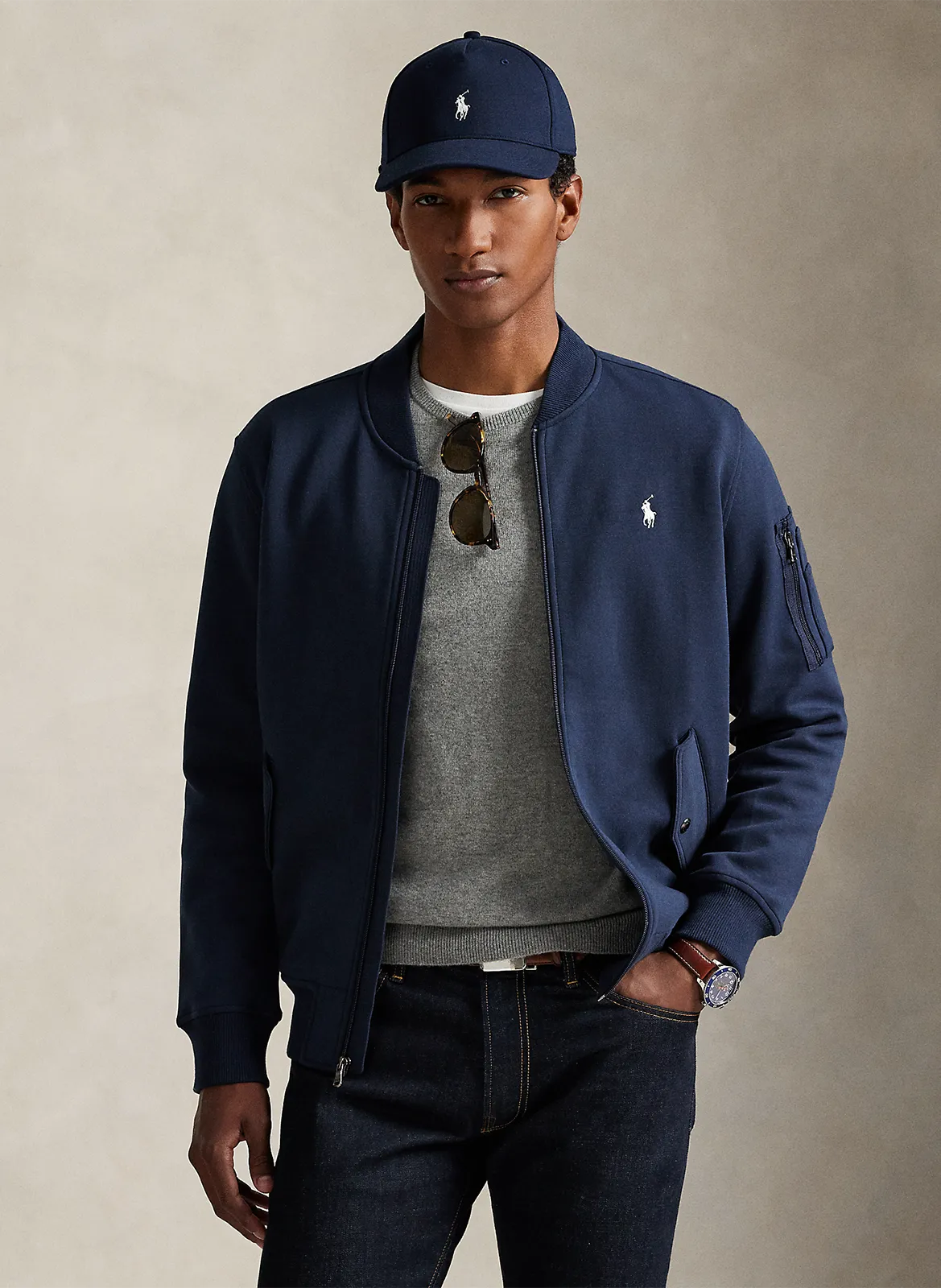 Blouson col rond en coton mélangé Bleu