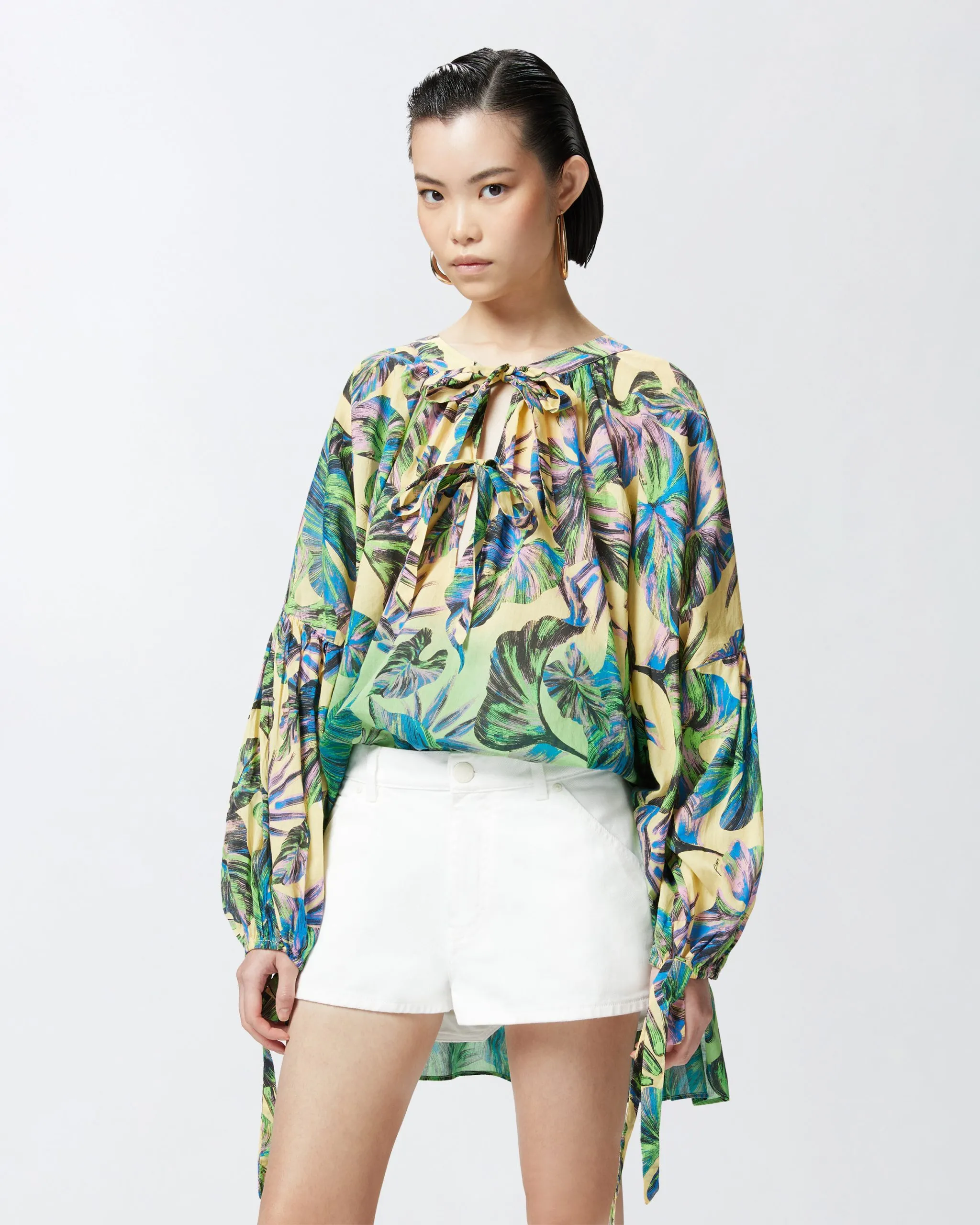 Blouse avec imprimé feuilles et double nœud Multicolore