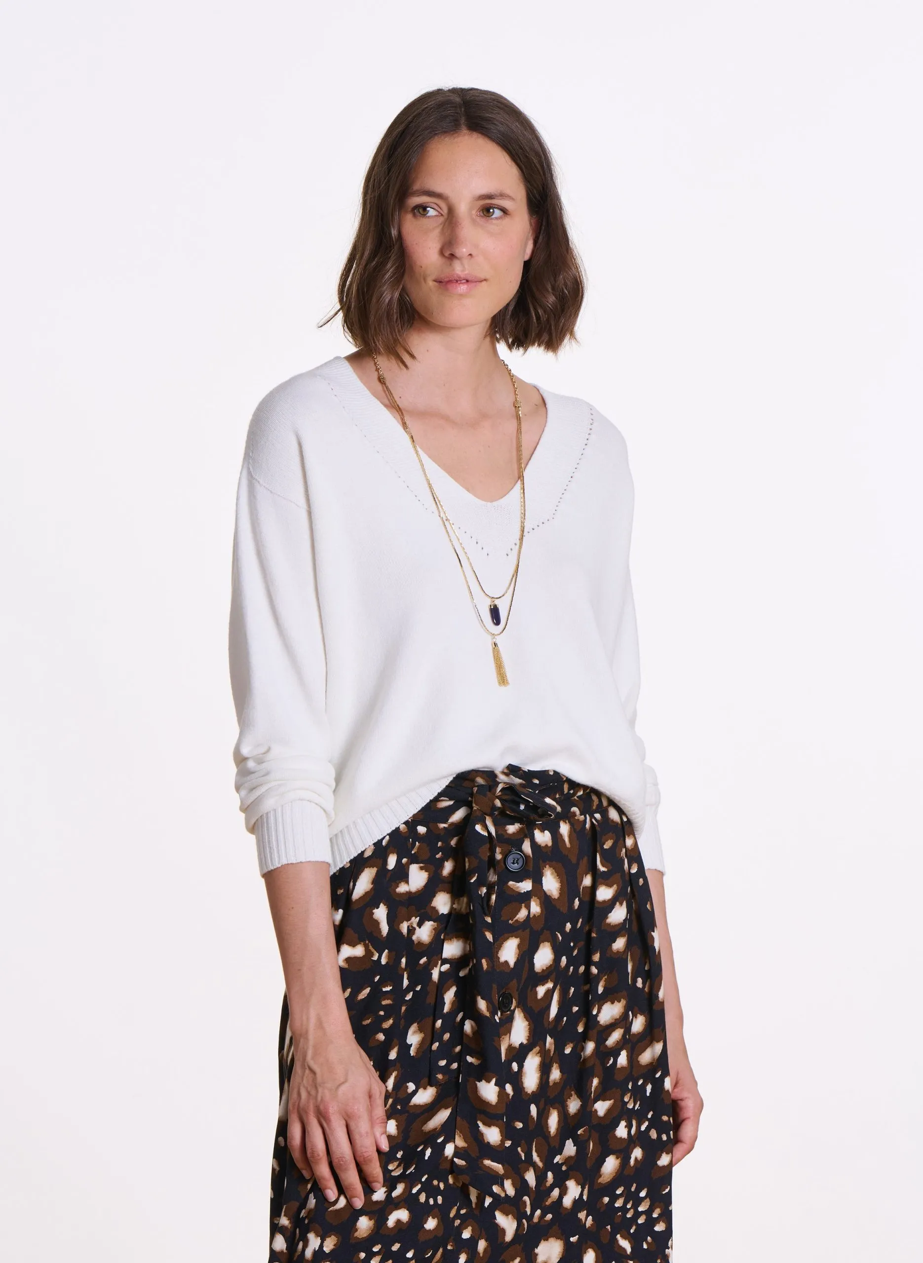 Pull ample col V en maille mélangée Blanc