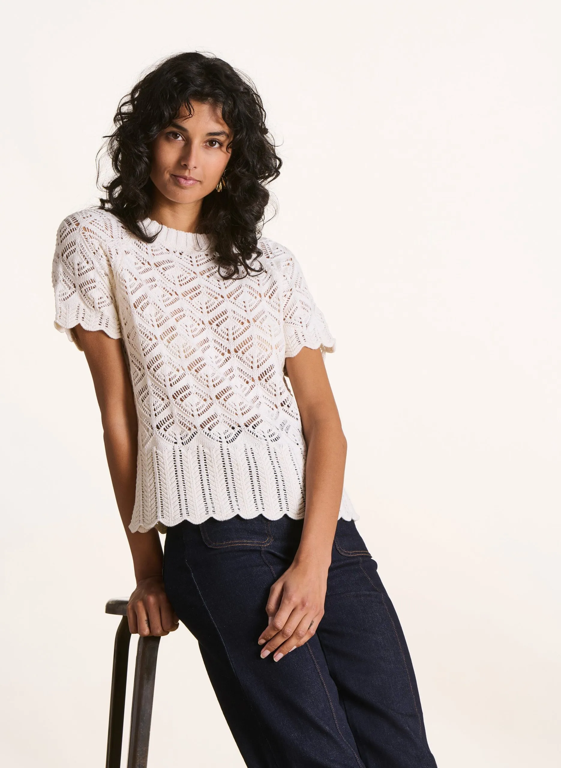 Pull col rond en maille ajourée Blanc