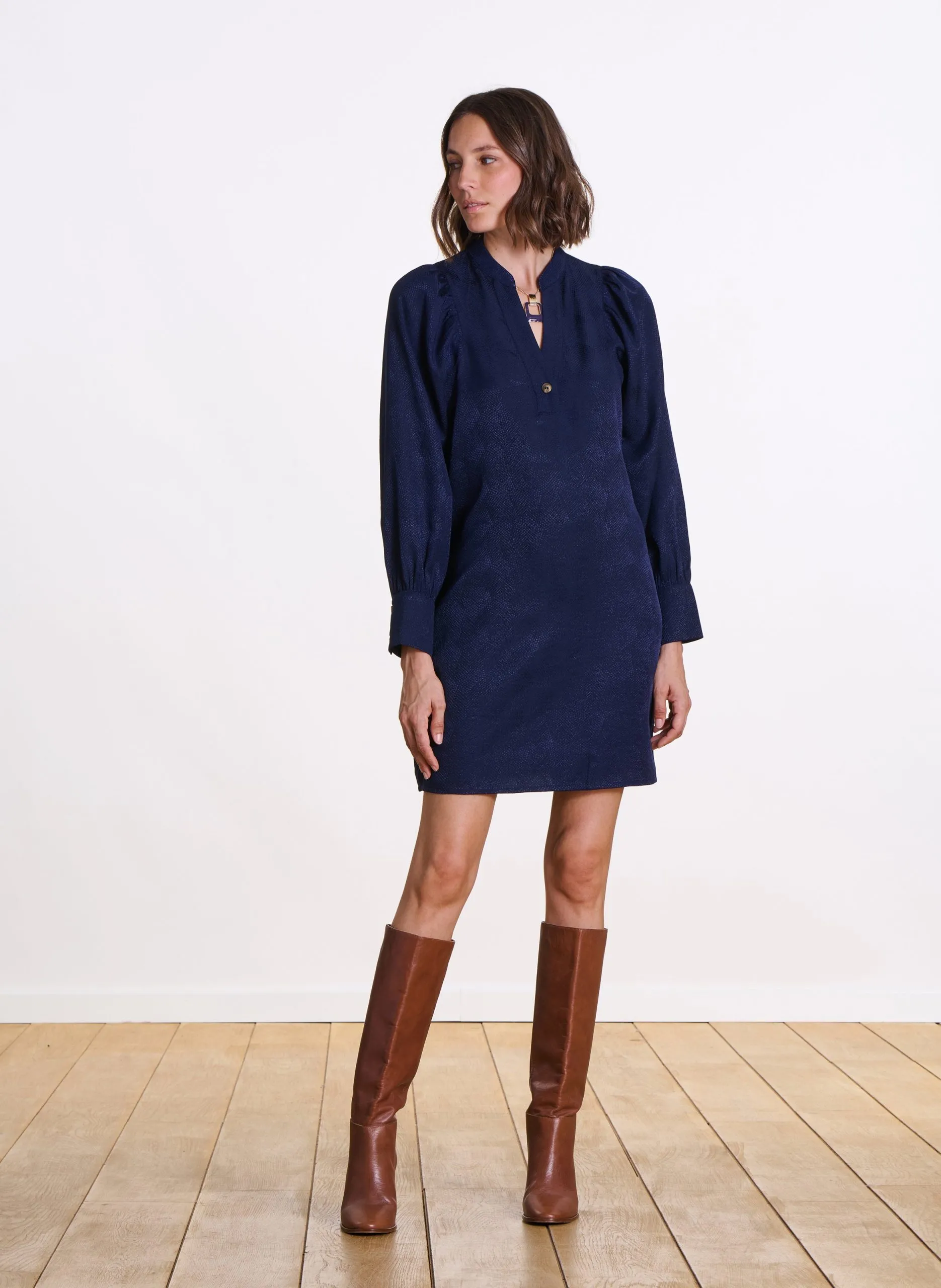 Robe courte évasée col tunisien Bleu