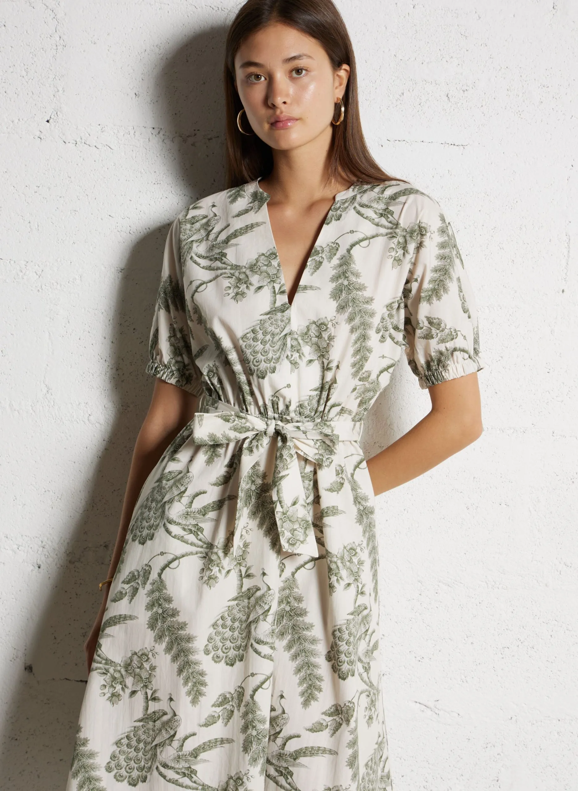 Robe midi col V en coton Kaki CORDELIA