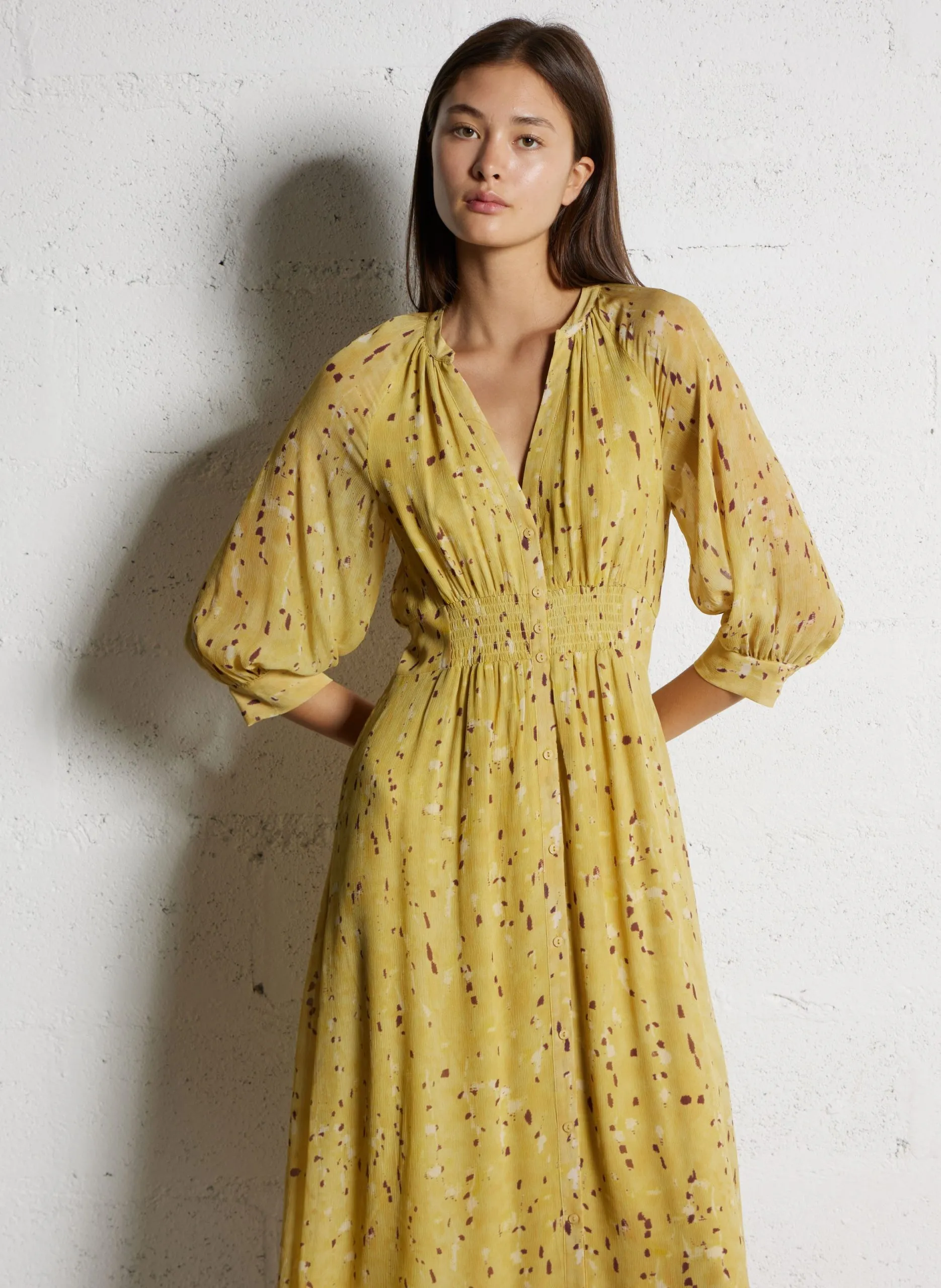 Robe midi col tunisien imprimée Jaune KARLA