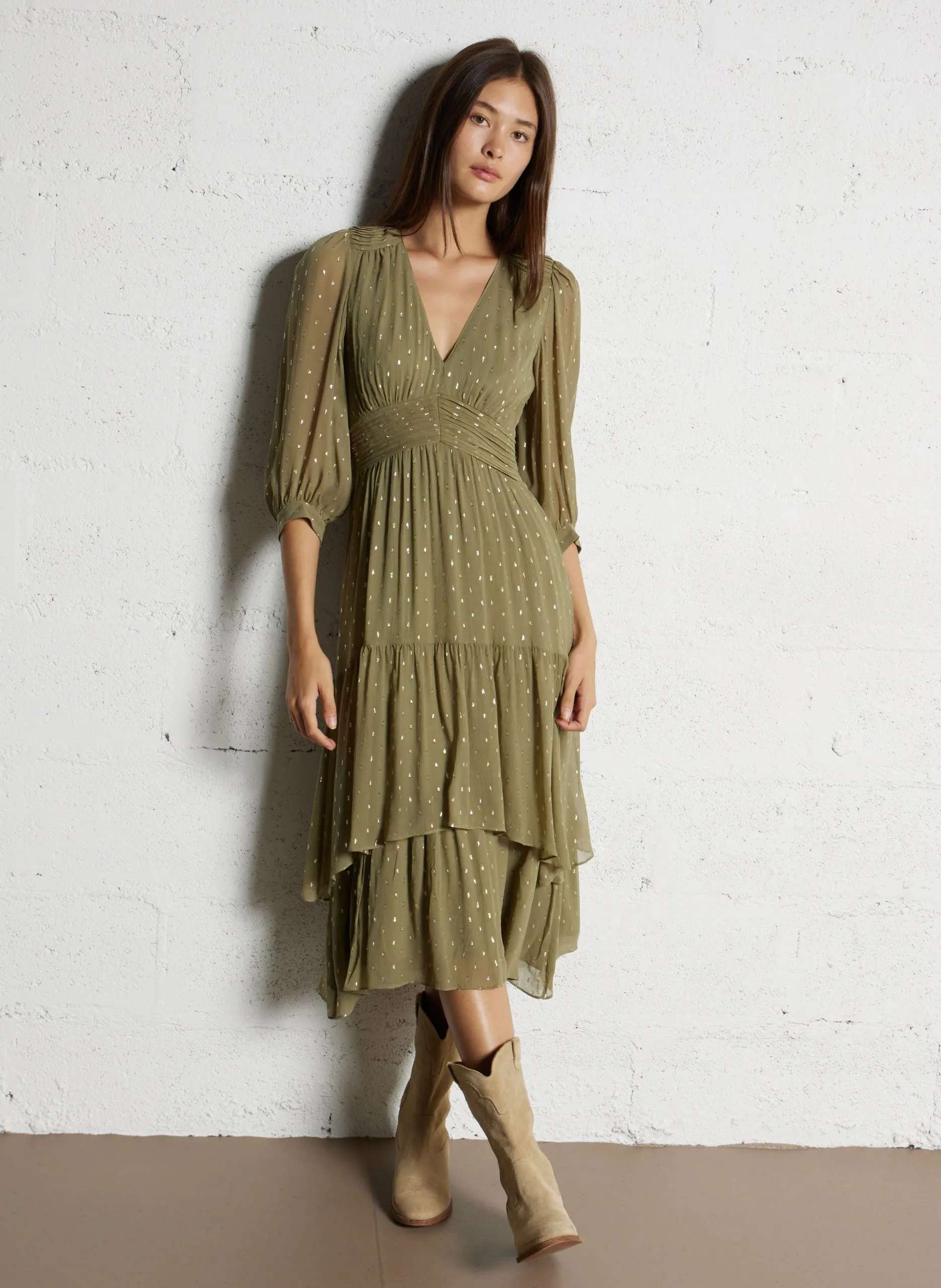 Robe longue col V Kaki MAIA