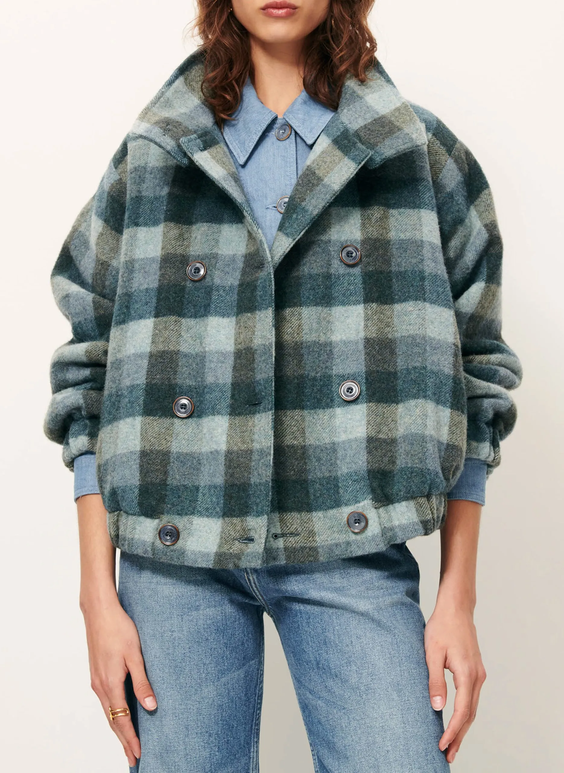 Manteau droit col montant en laine mélangée à carreaux Bleu HARLOW