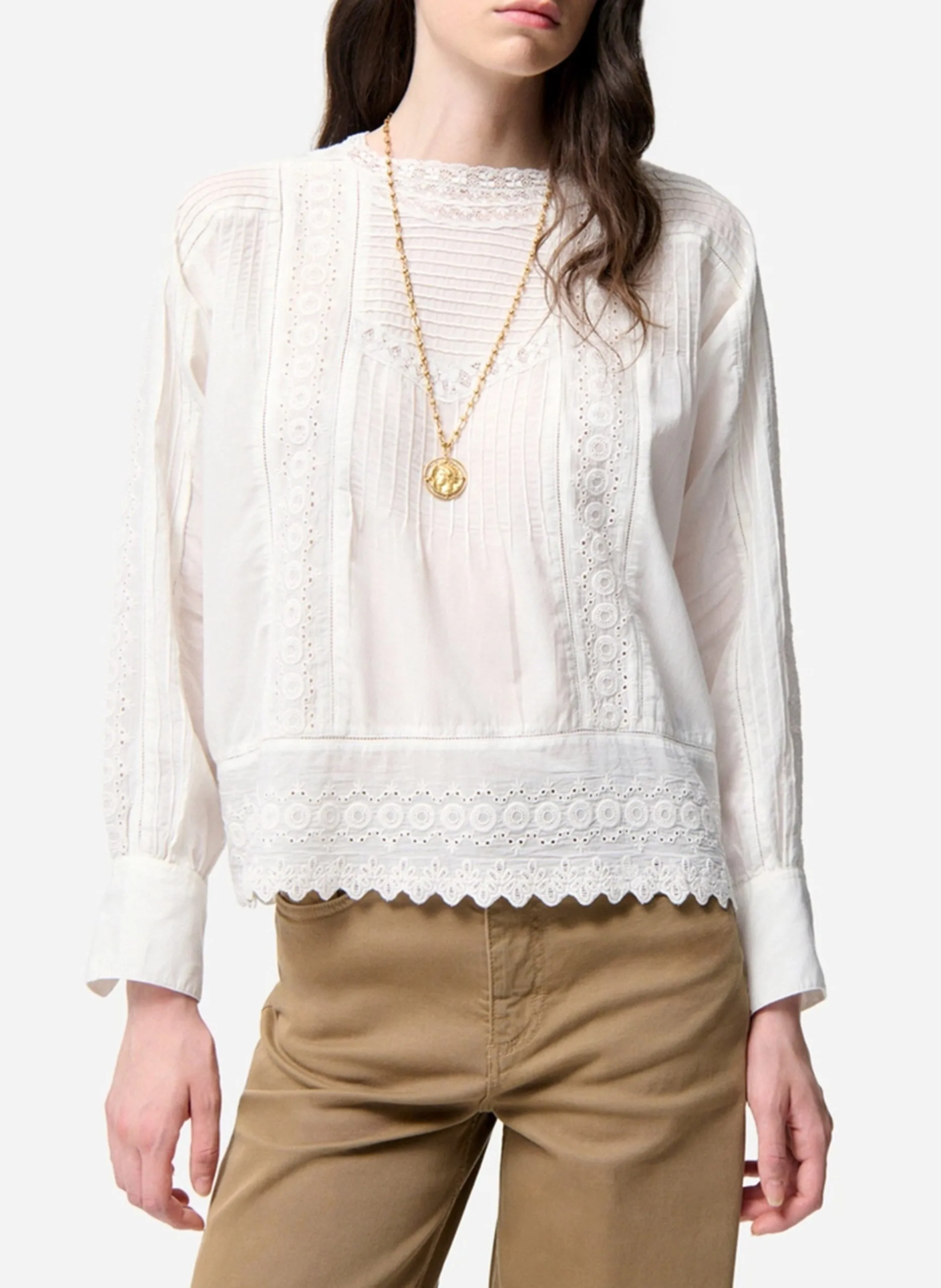 Top col rond en coton mélangé Blanc FLORITA