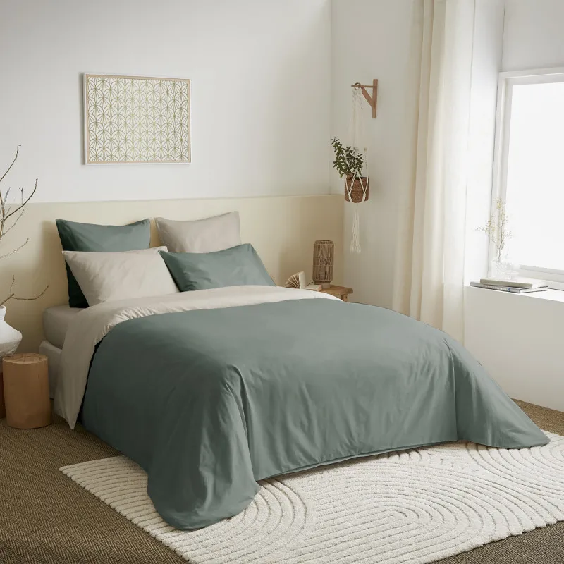 Pack complet 6 pièces eucalyptus/lin réversible housse de couette pour lit 160 x 200 cm Beige