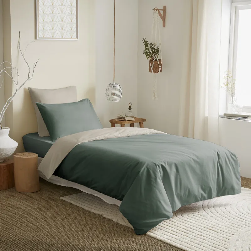 Pack complet 4 pièces eucalyptus/lin réversible housse de couette pour lit 90 x 190 cm Beige