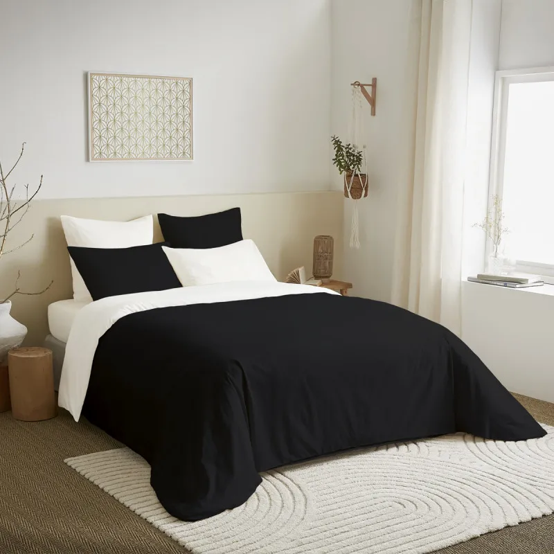 Pack complet 6 pièces noir/blanc réversible housse de couette pour lit 140 x 190 cm Blanc