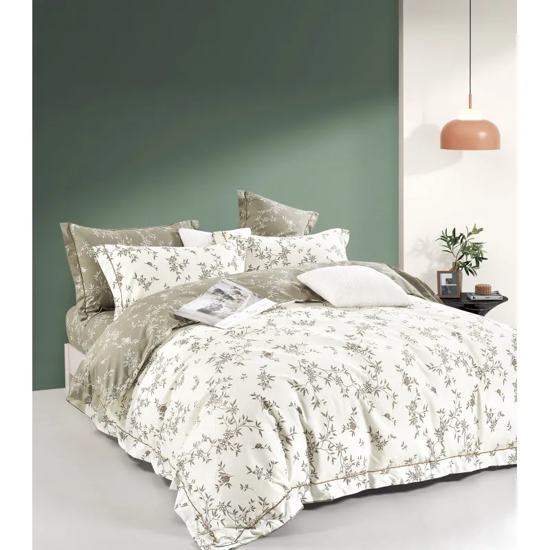 Parure de couette "imprimé double face" percale pur coton peigné 80 fils/cm² pour lit 160 à 180 king size Jaune