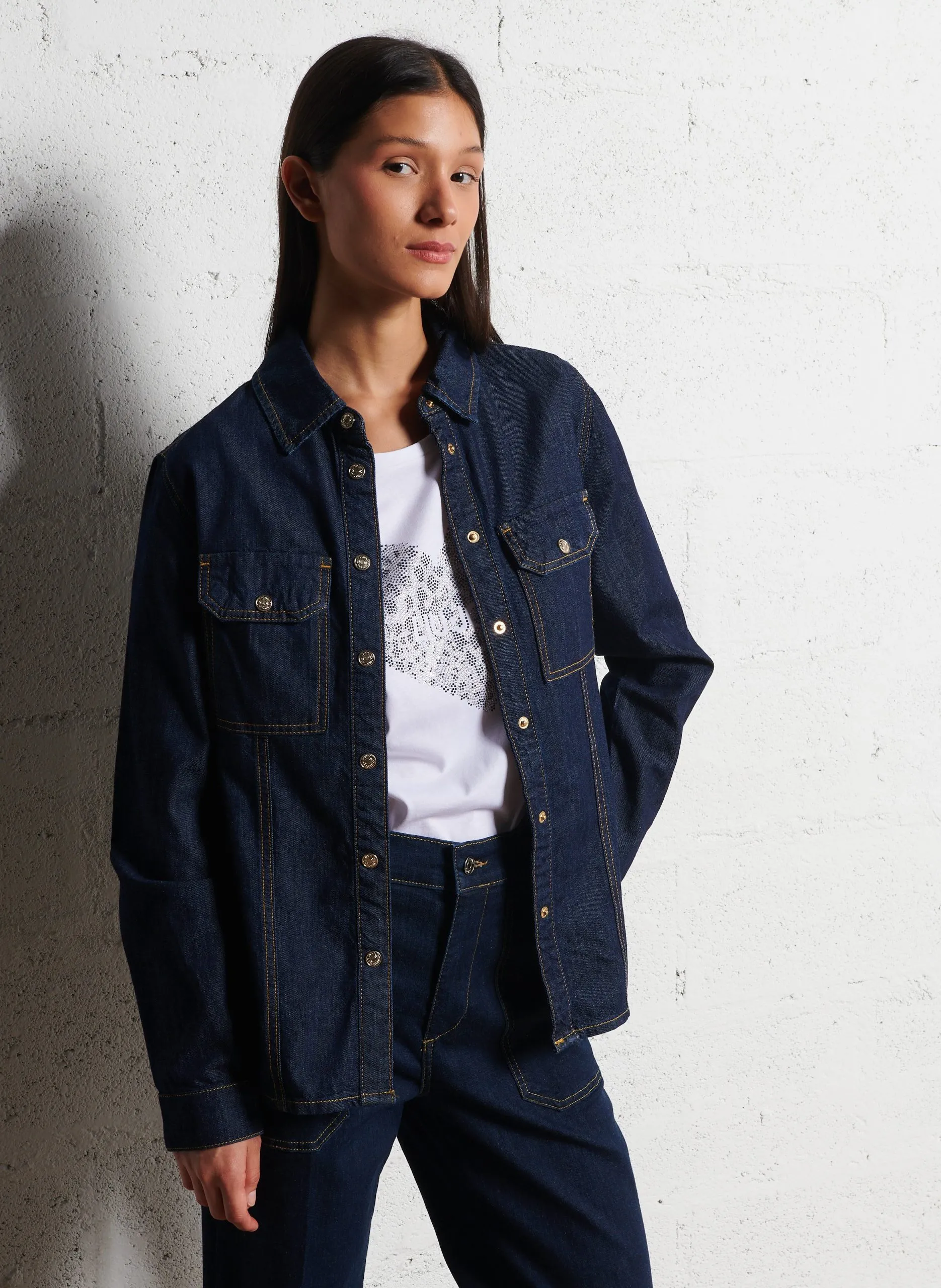 Veste col classique en denim coton Bleu