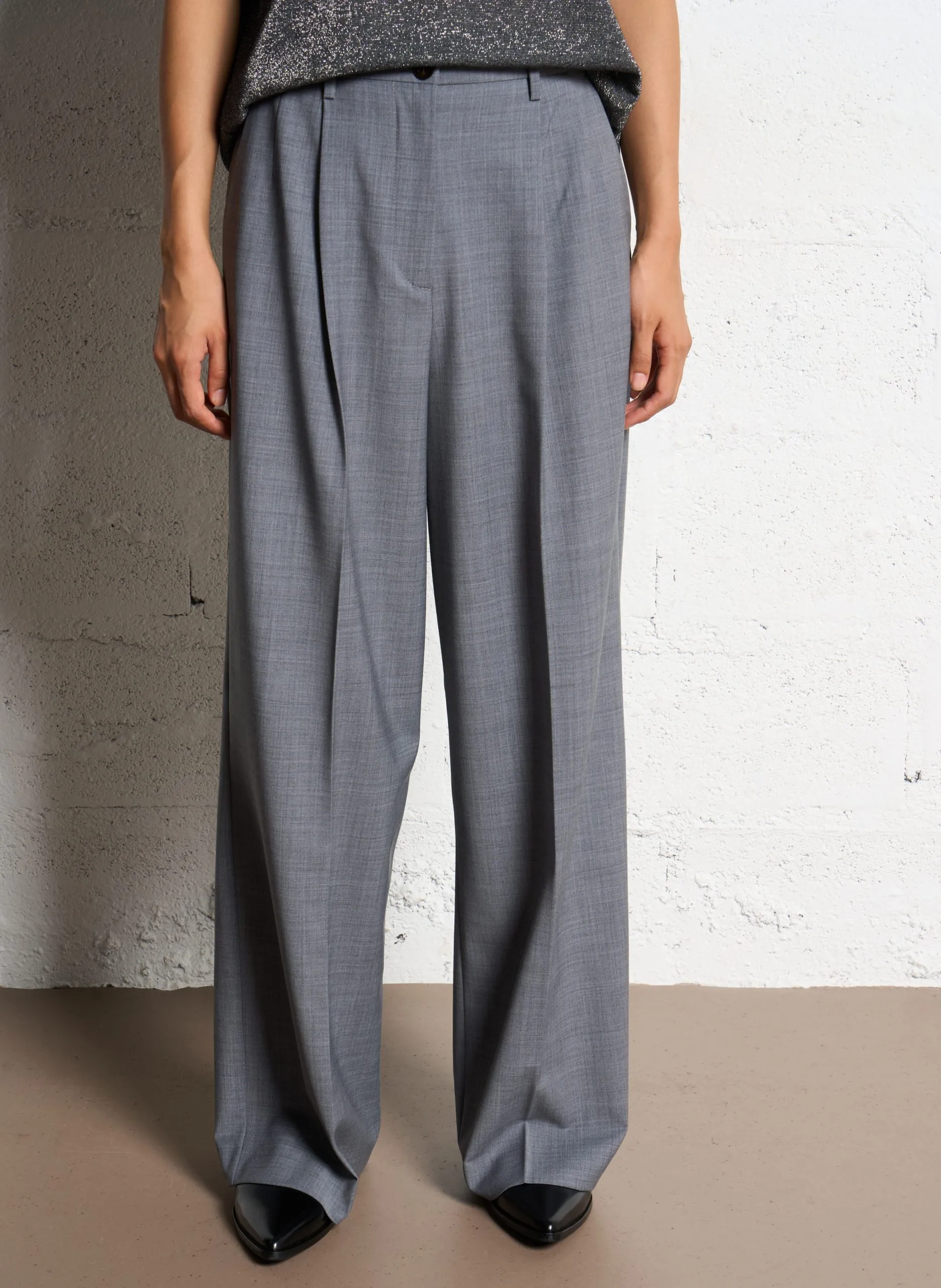 Pantalon large en laine mélangée Gris SPENSER