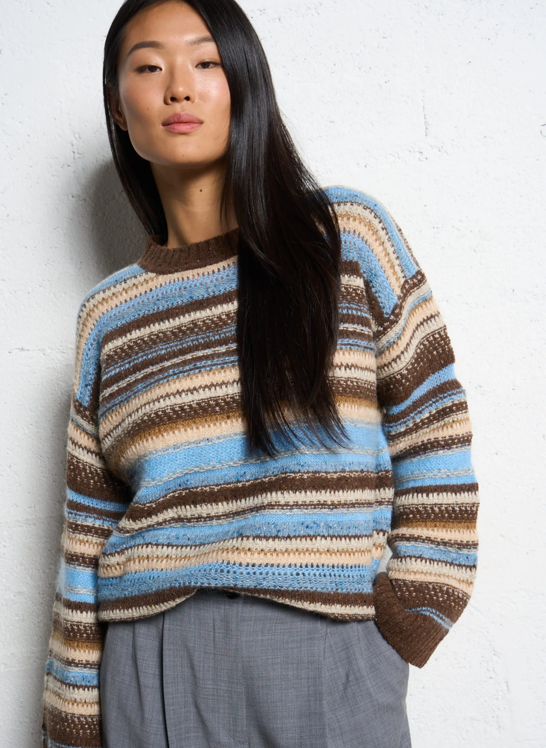 Pull large à rayures en laine mélangée Marron DAVID