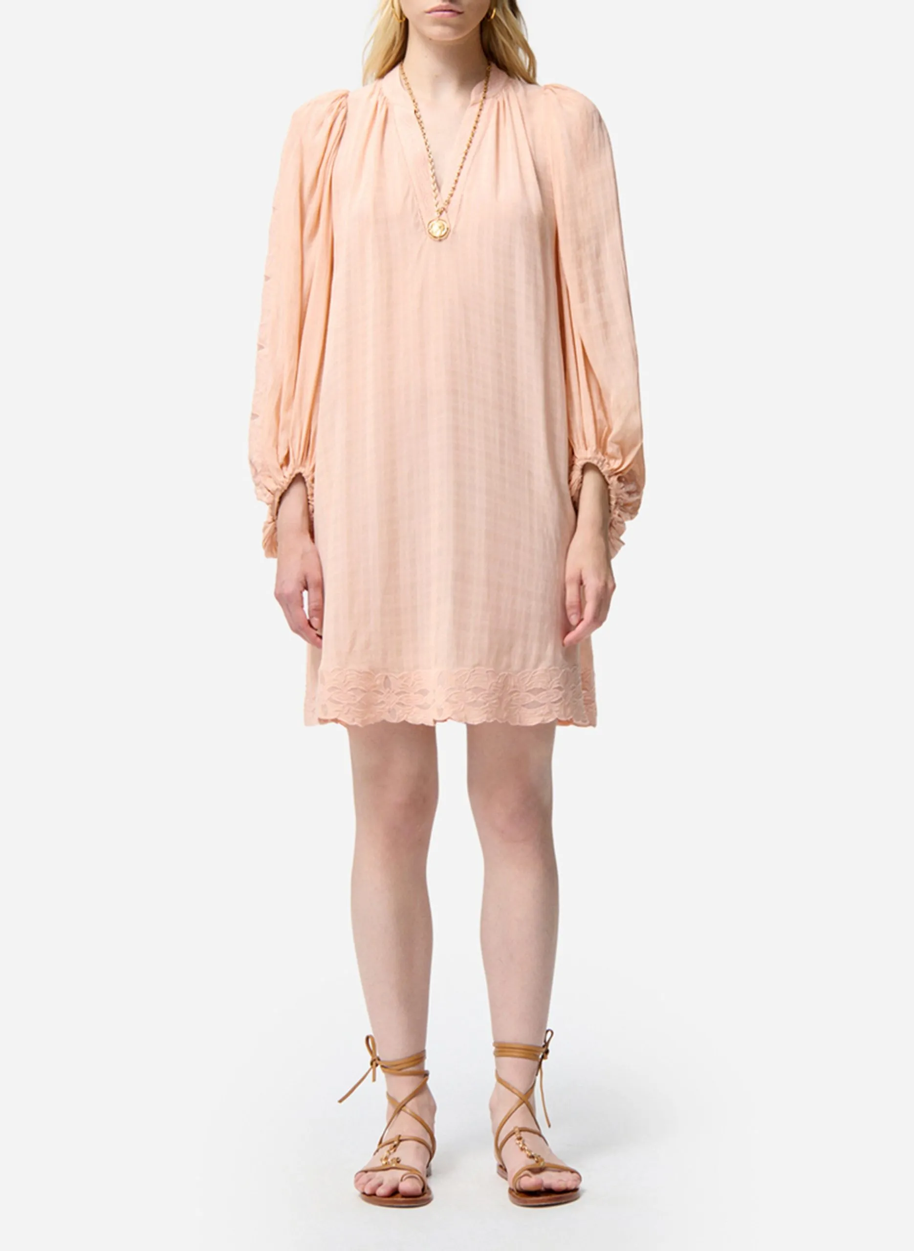 Robe courte col V brodée Beige VANESSA