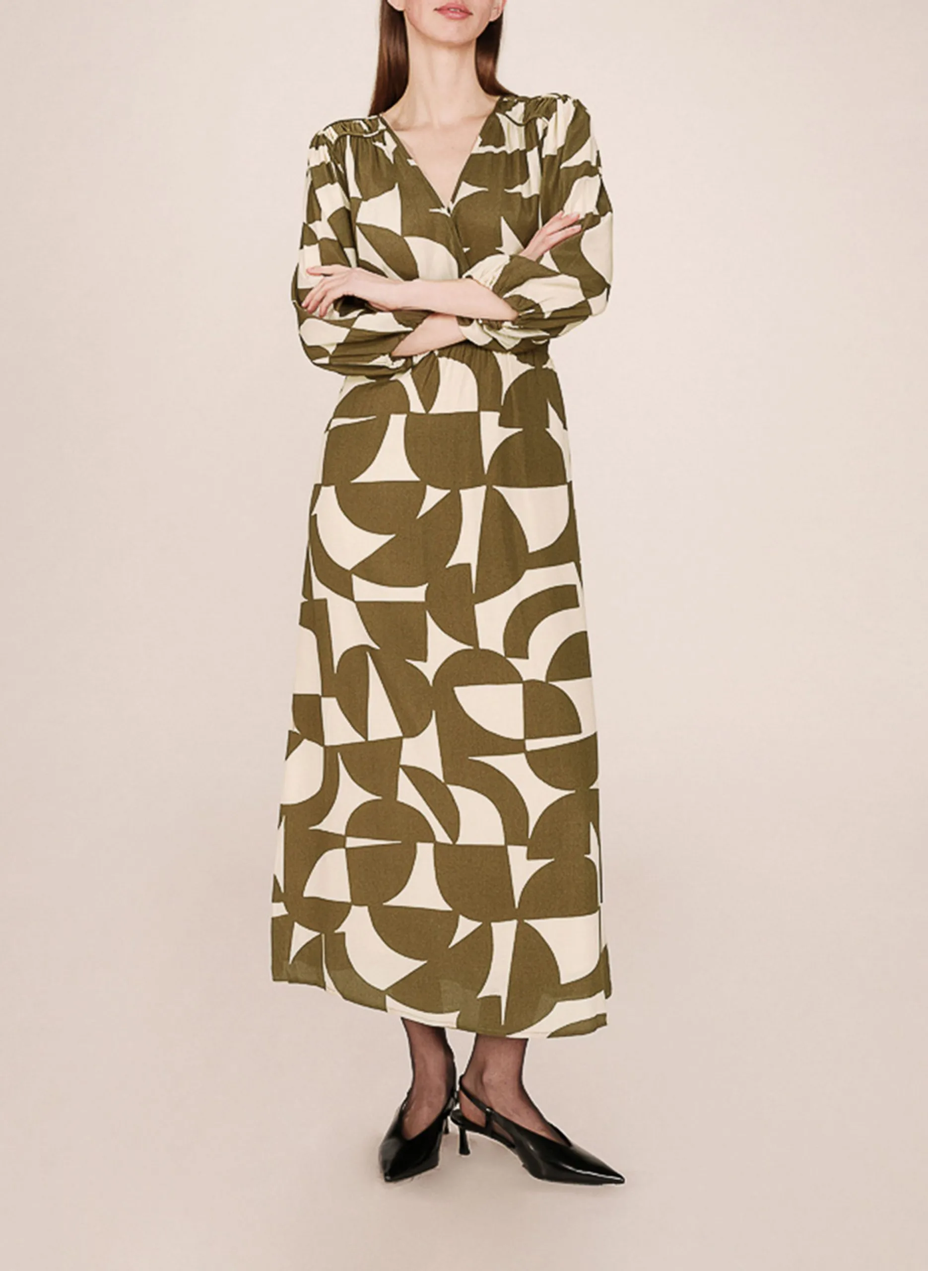 Robe longue col v imprimée Vert SHELLY