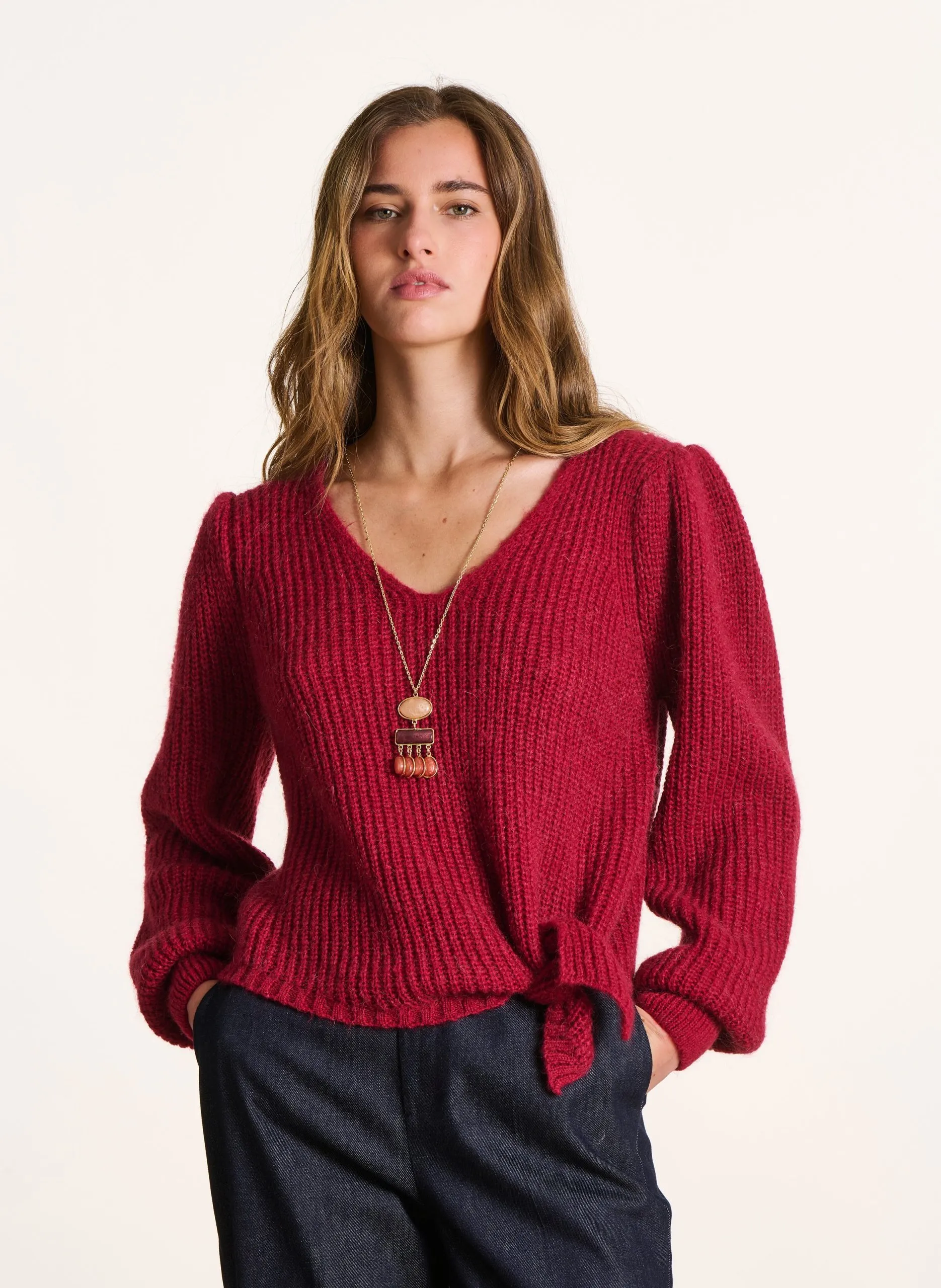 Pull ajusté manches longues à nœud Rose